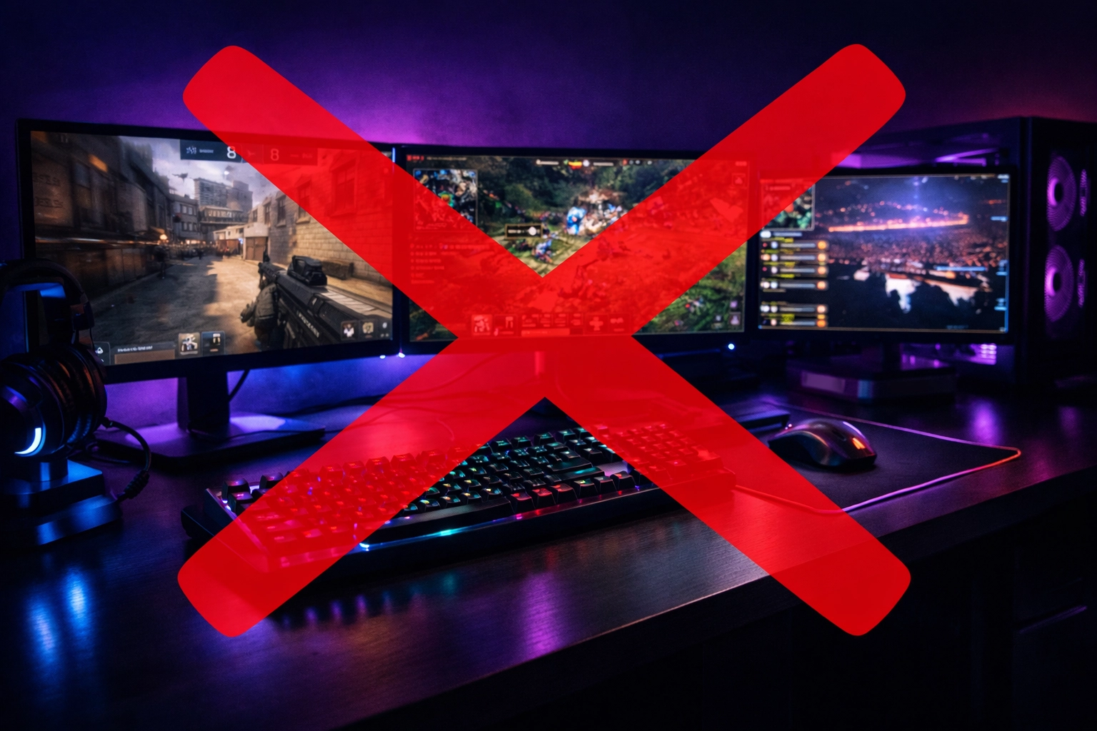 eSports Gaming-Setup mit Verbotszeichen symbolisiert Wettverbot bei deutschen Buchmachern