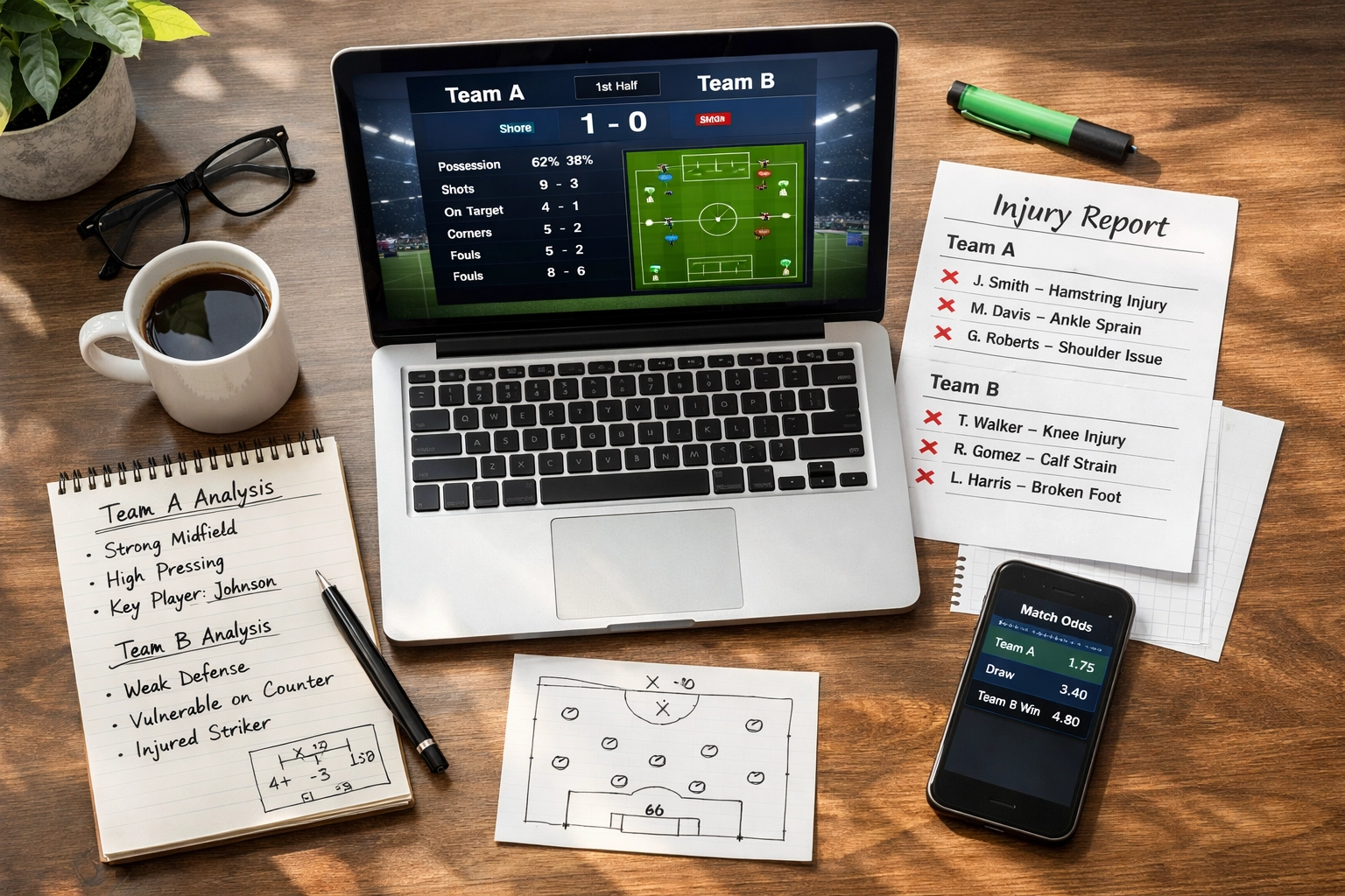 Sportwetten-Analyse mit Statistiken, Notizen und Taktik für erfolgreiche Kombiwetten