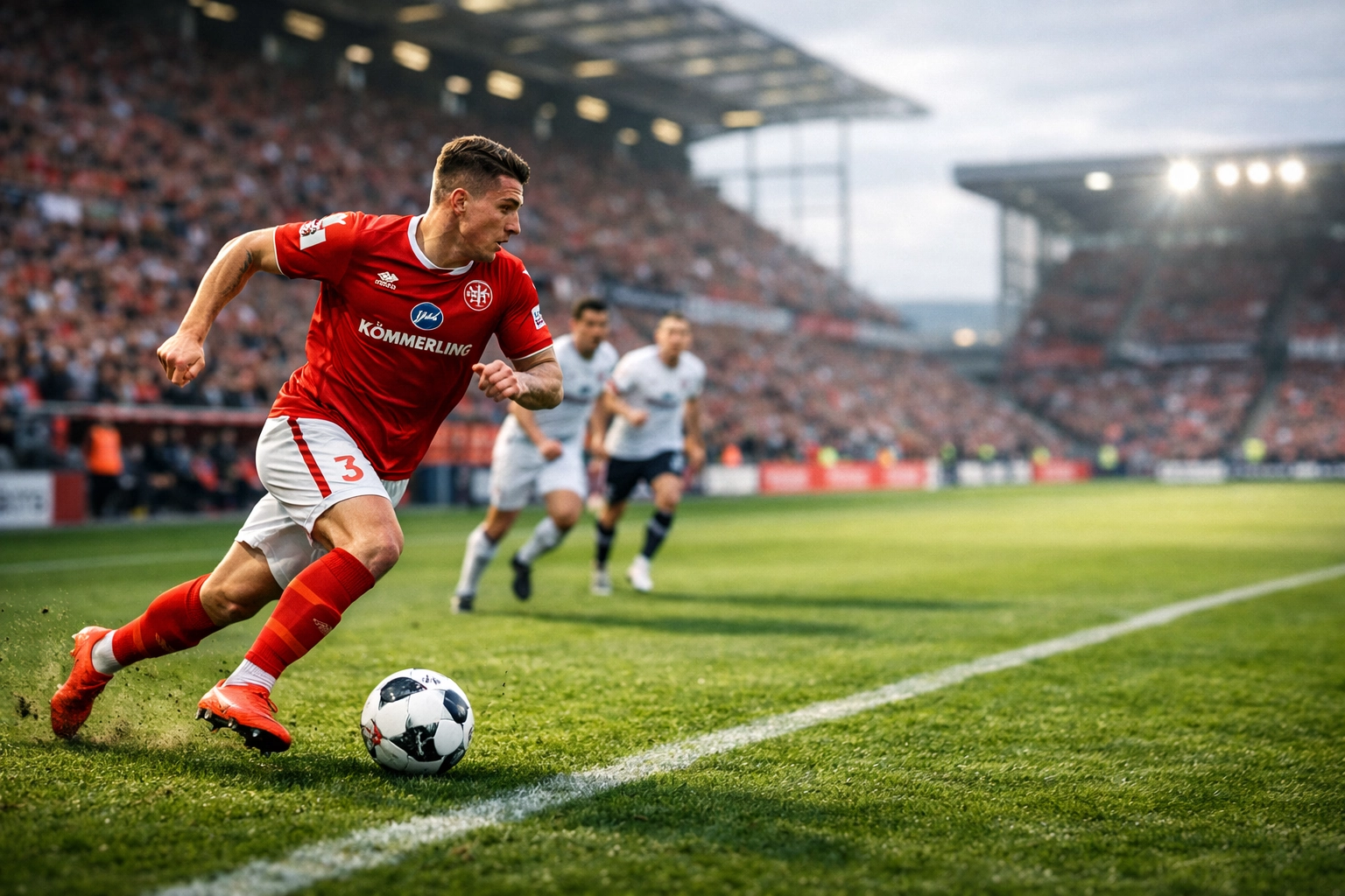 Mainz 05 Flügelabwehr beim offensiven Konter entlang der Seitenlinie