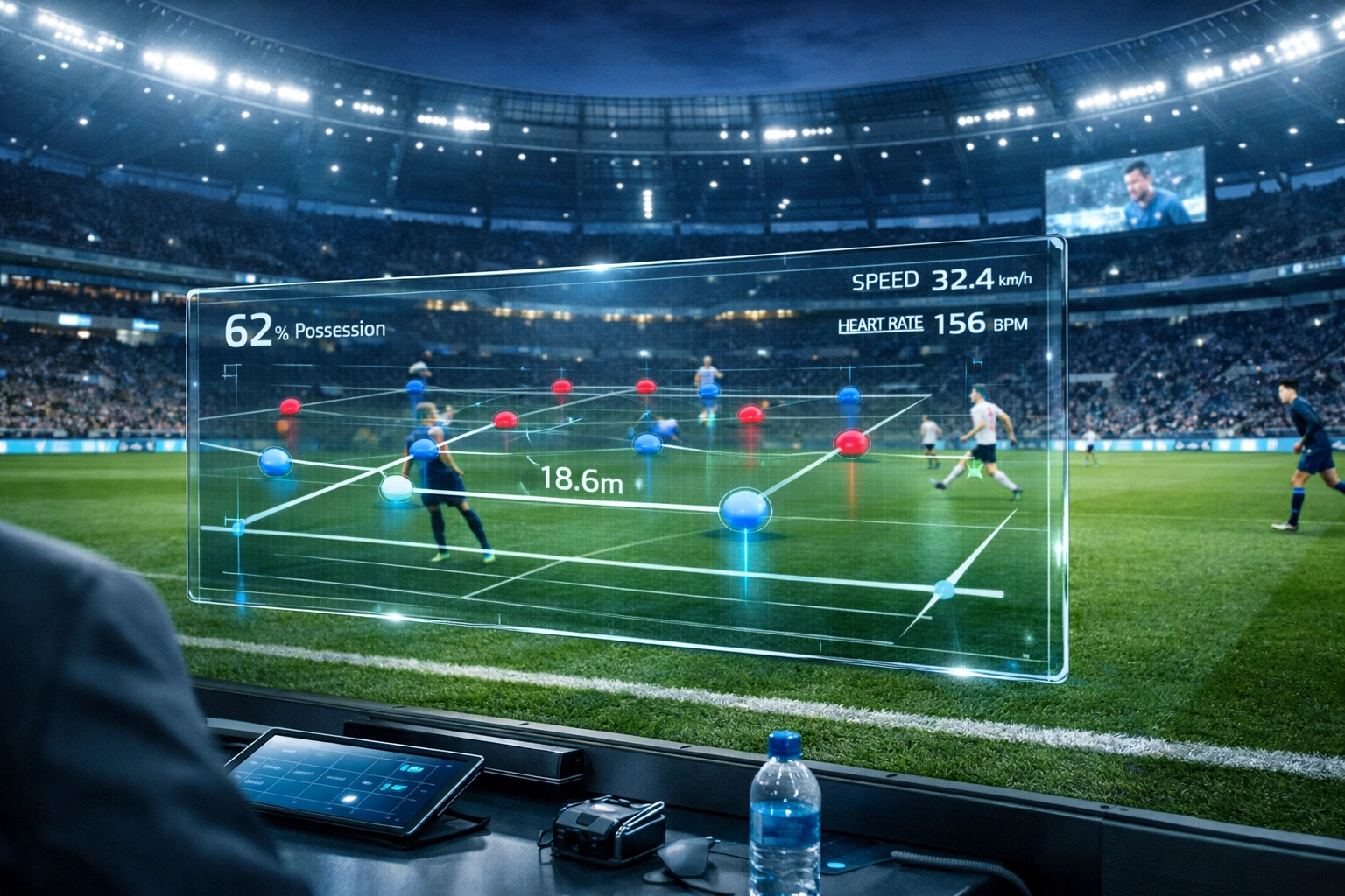 Zukünftige Fußball-Taktik-Analyse mit digitalen Daten-Overlays zur Pressing-Optimierung.