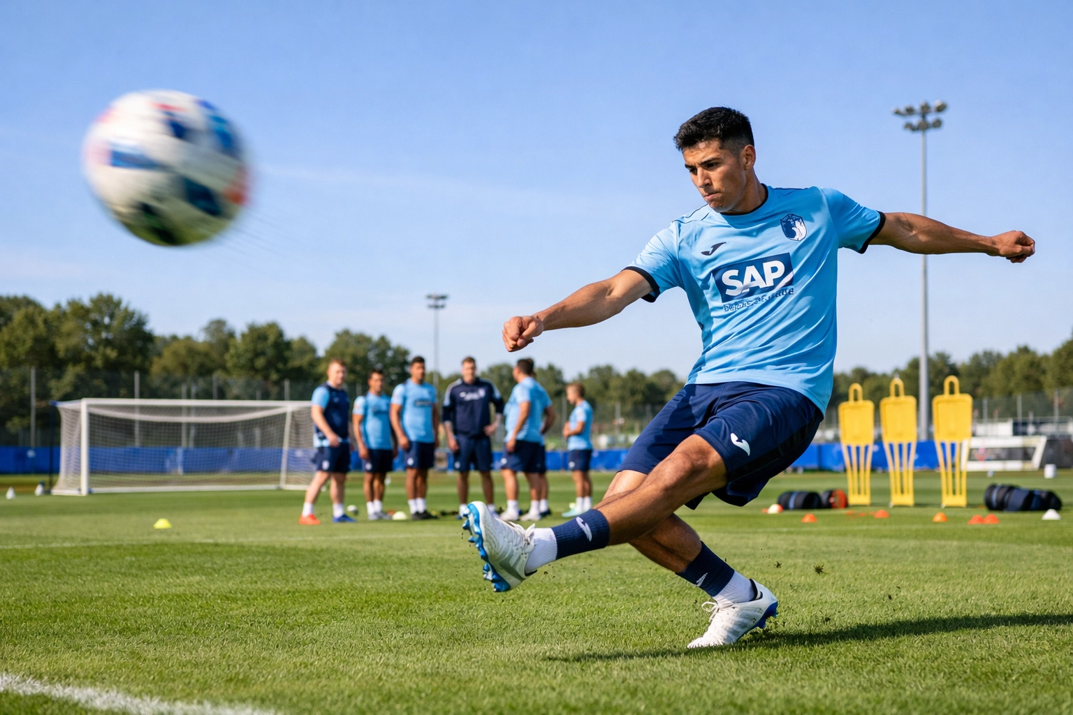 TSG Hoffenheim Verteidiger führt präzisen Aufbaupass beim Bundesliga-Training aus