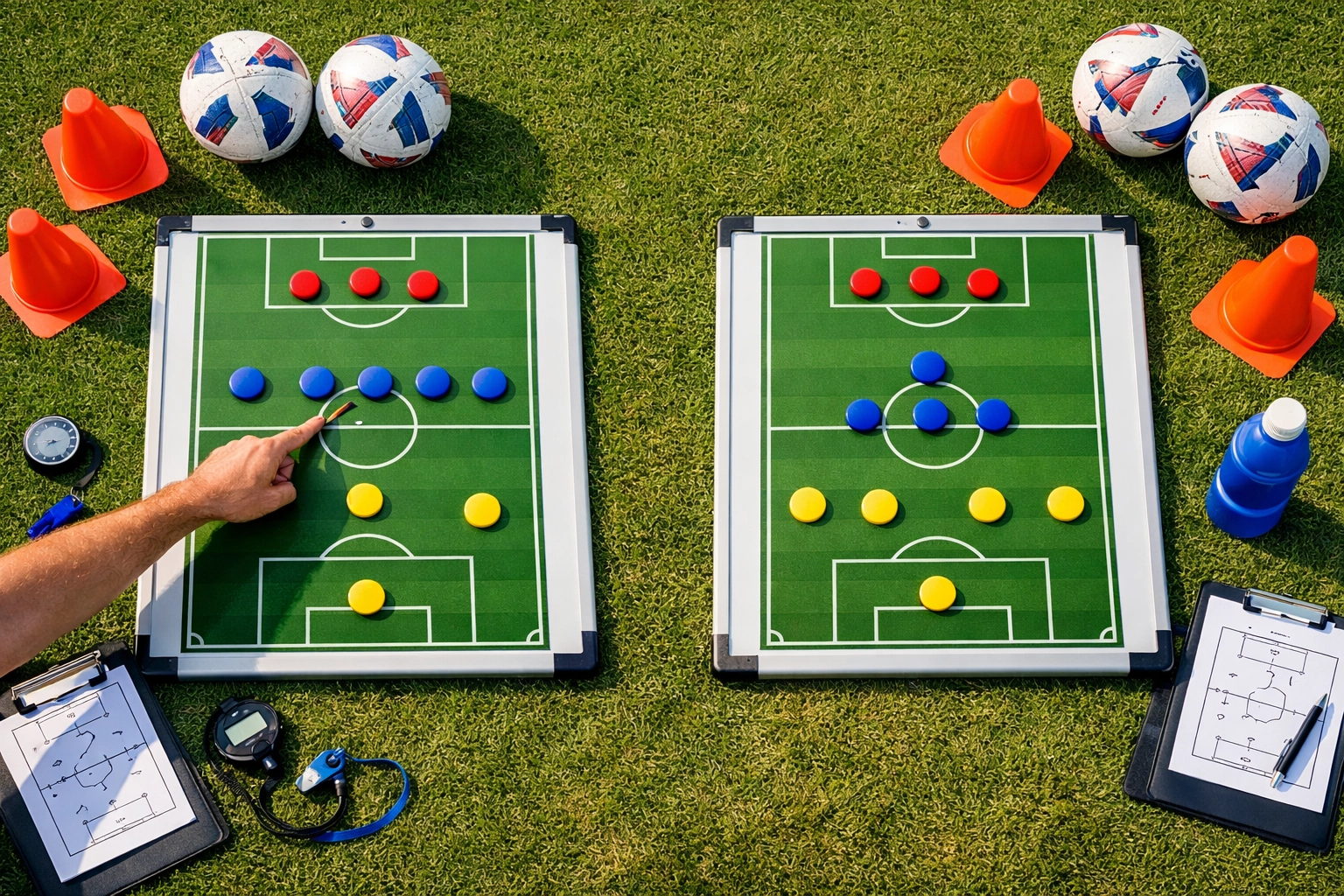 Trainer analysieren Fußball-Taktik mit Formationen 3-4-3 und 4-3-3 auf Trainingsplatz