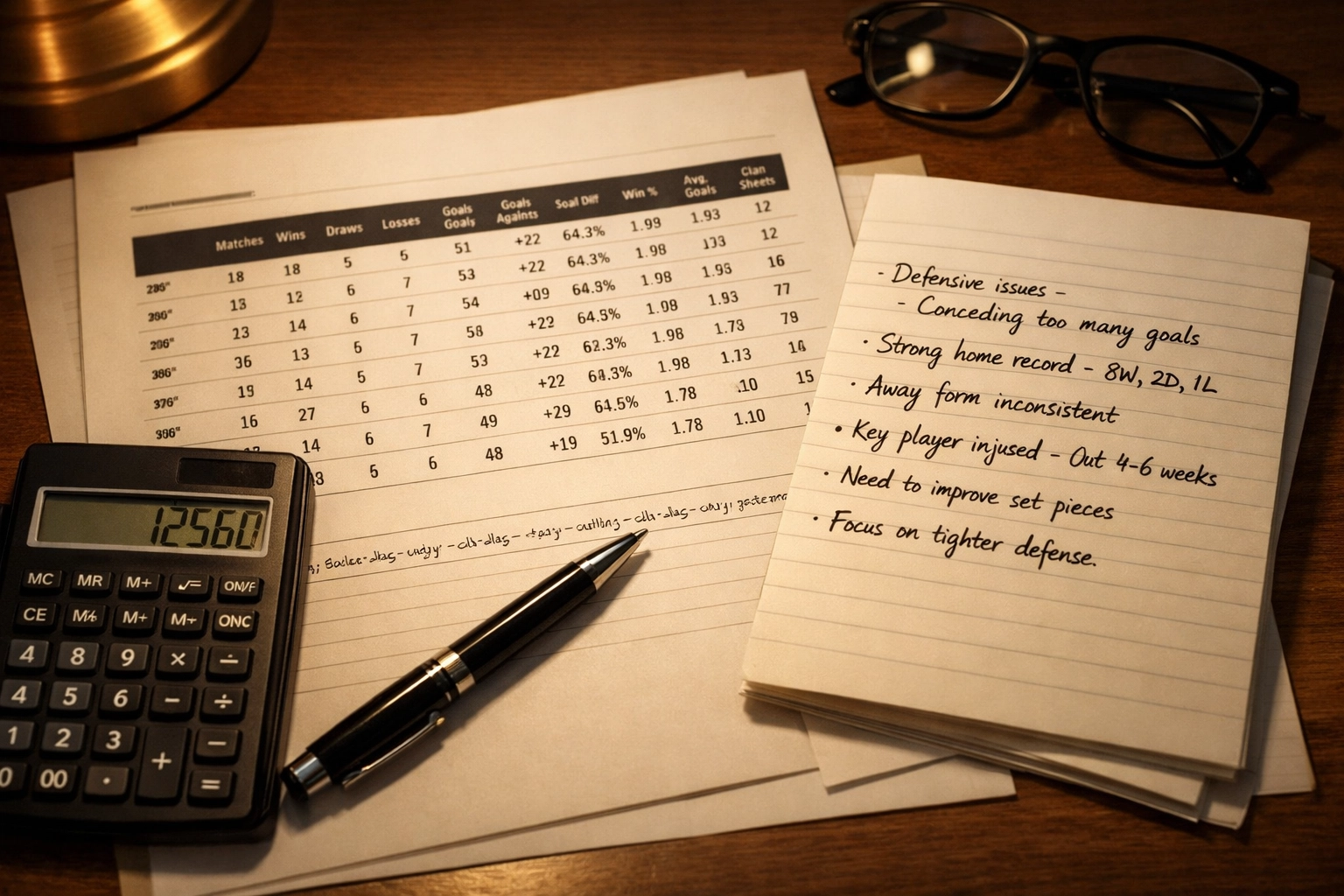 Arbeitsplatz mit Fußballstatistiken und Berechnungen für Wettanalyse