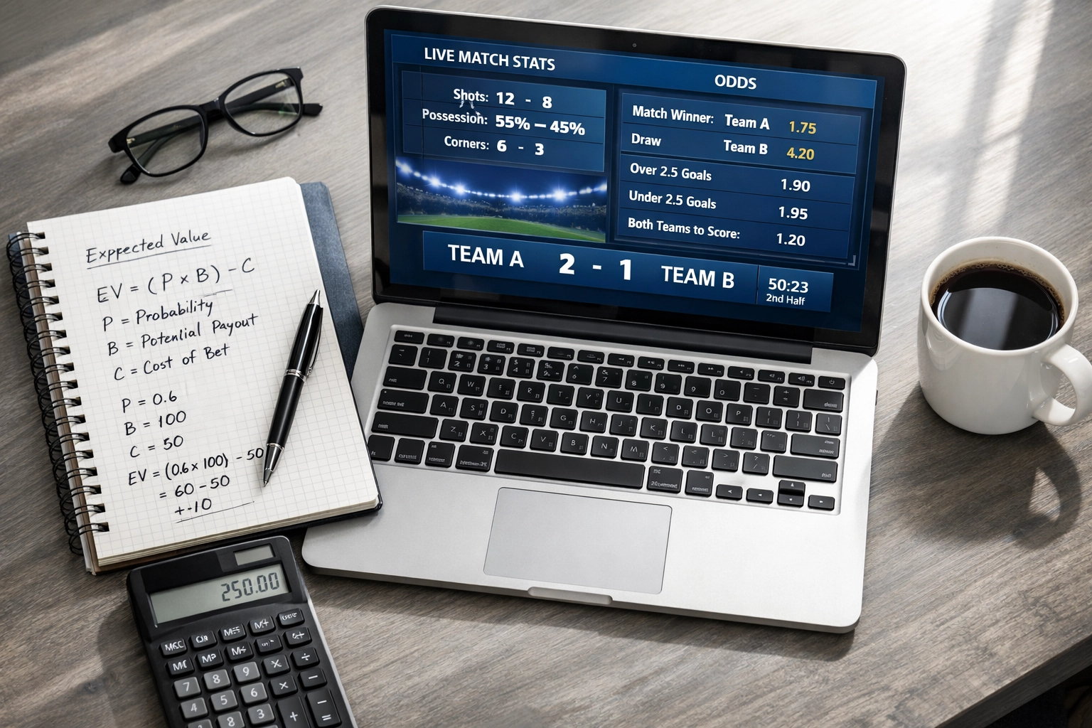 Analytischer Arbeitsplatz für Sportwetten mit Laptop, Statistiken und Wahrscheinlichkeitsberechnungen