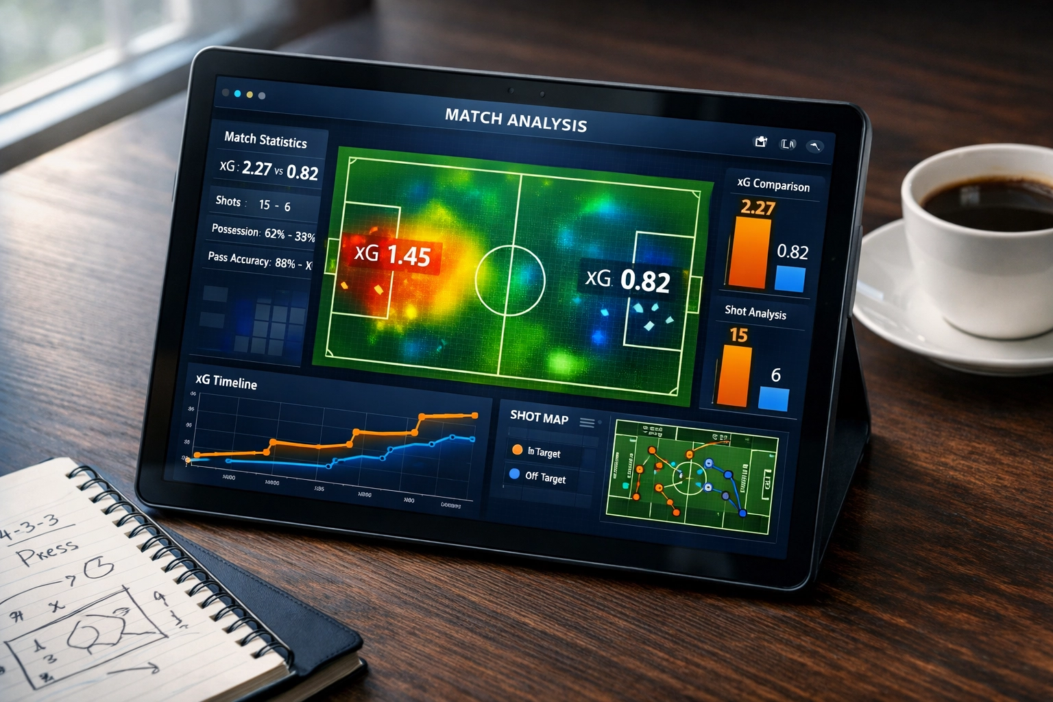 Expected Goals Dashboard mit xG-Statistiken und Fußball-Analytics auf Tablet