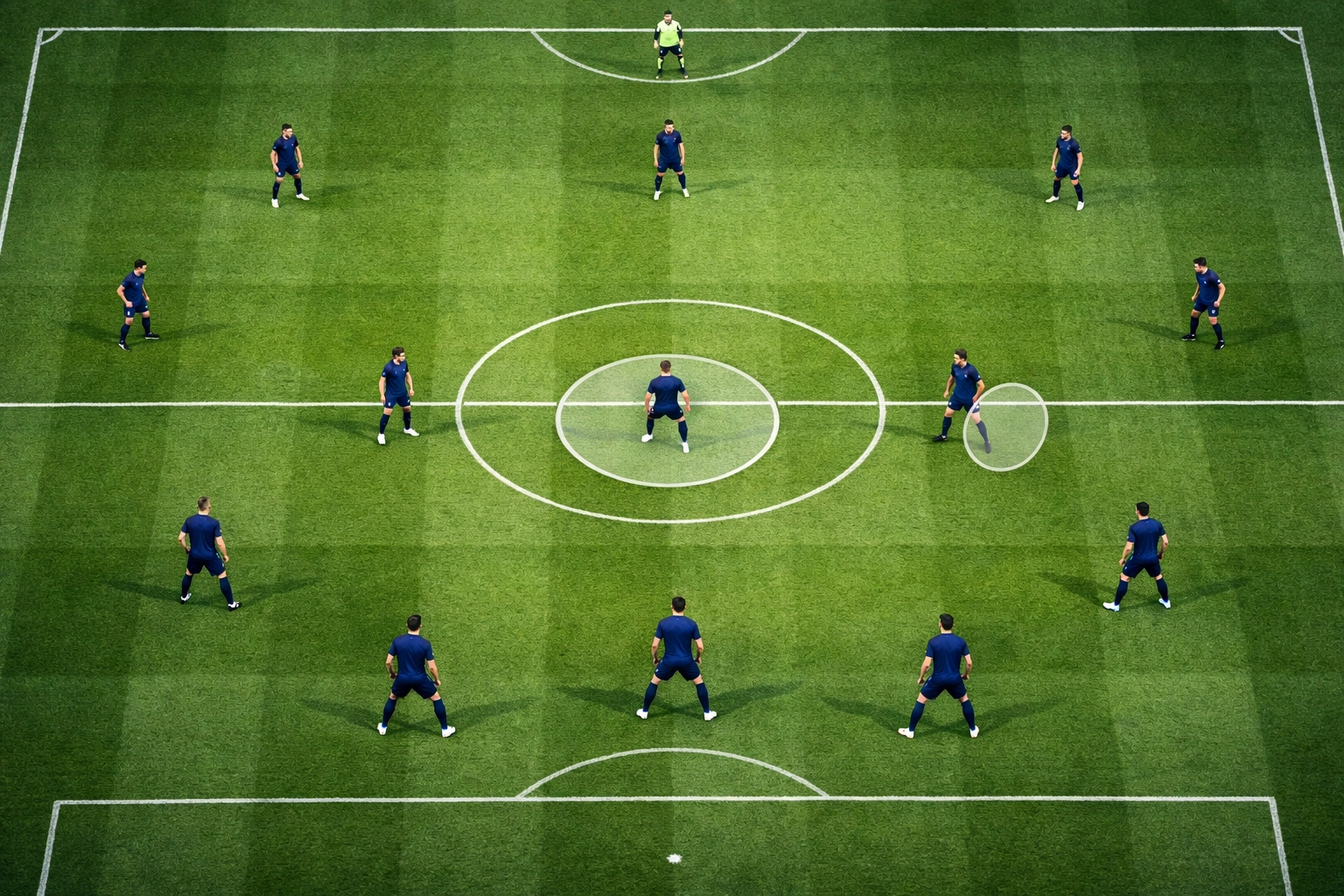 Taktische Ansicht 3-4-3 Formation mit Mittelfeld-Positionierung im Aufbauspiel