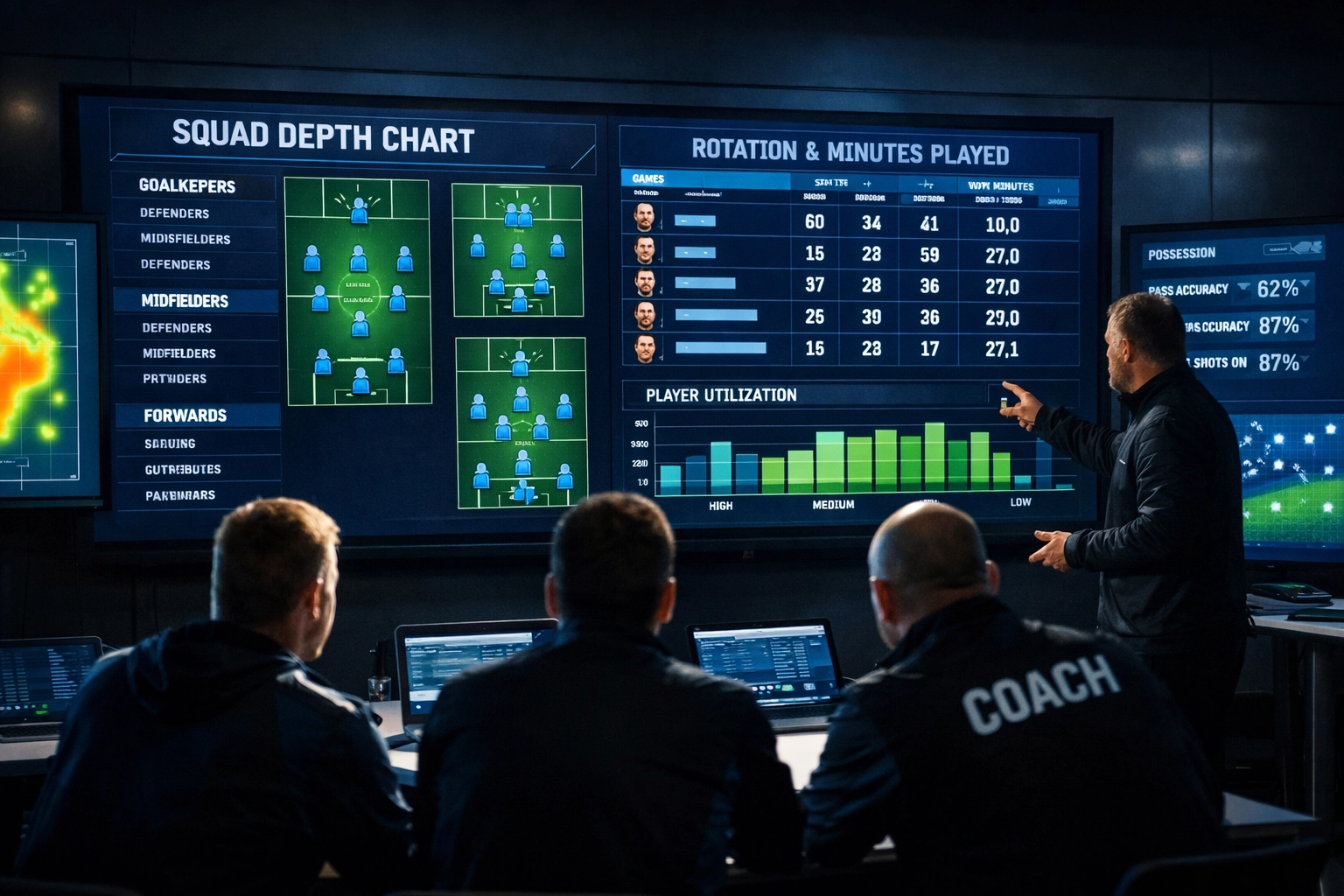 Bundesliga Trainerteam analysiert Kaderdaten und taktische Formationen auf Bildschirmen im Analysezentrum