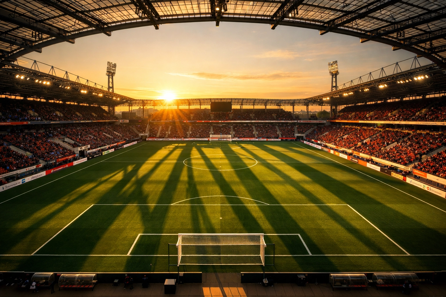 Leeres Fußballstadion bei Sonnenuntergang für taktische Bundesliga Analysen heute