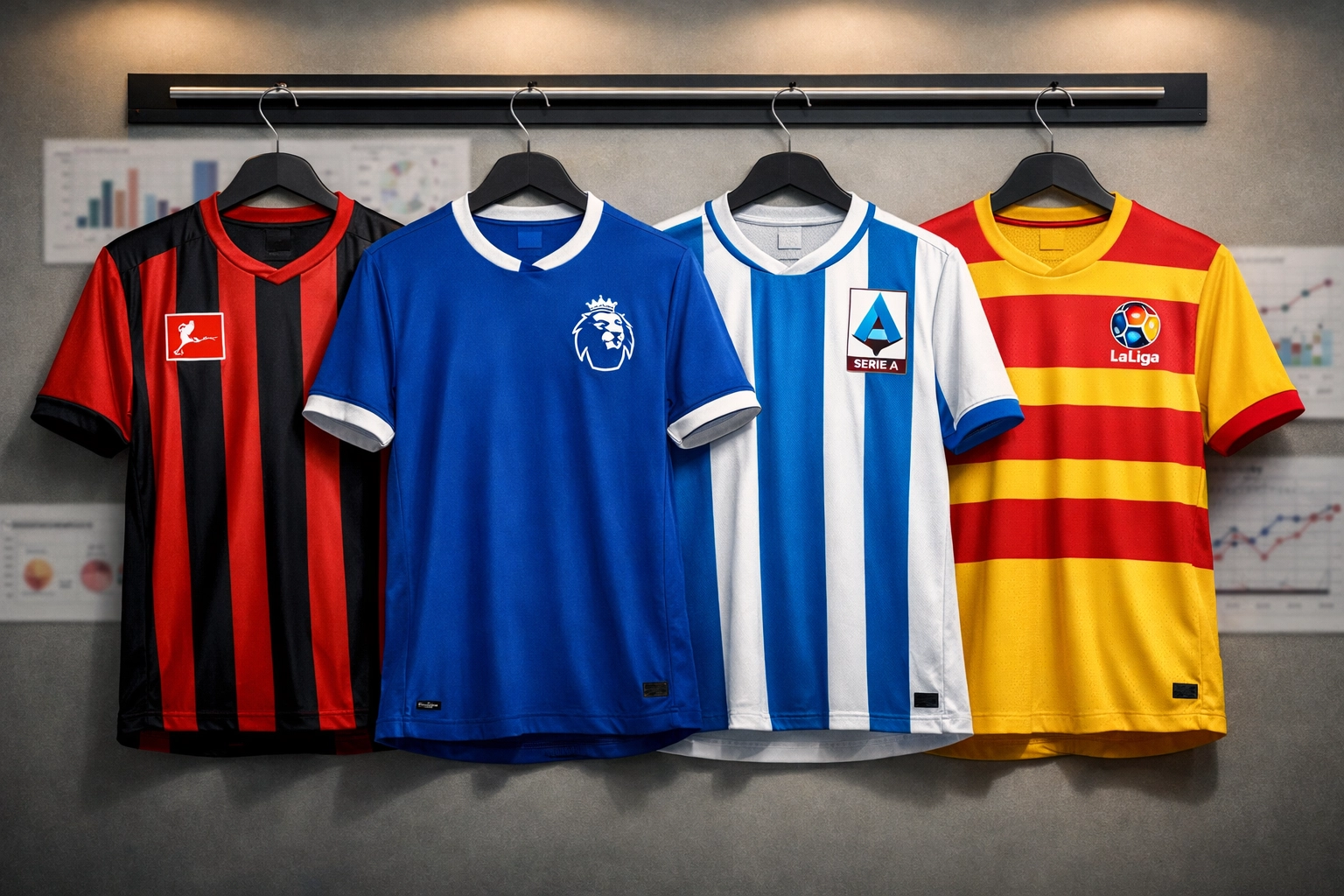 Trikots der Top-Ligen Bundesliga, Premier League, Serie A und La Liga für BTTS-Vergleich