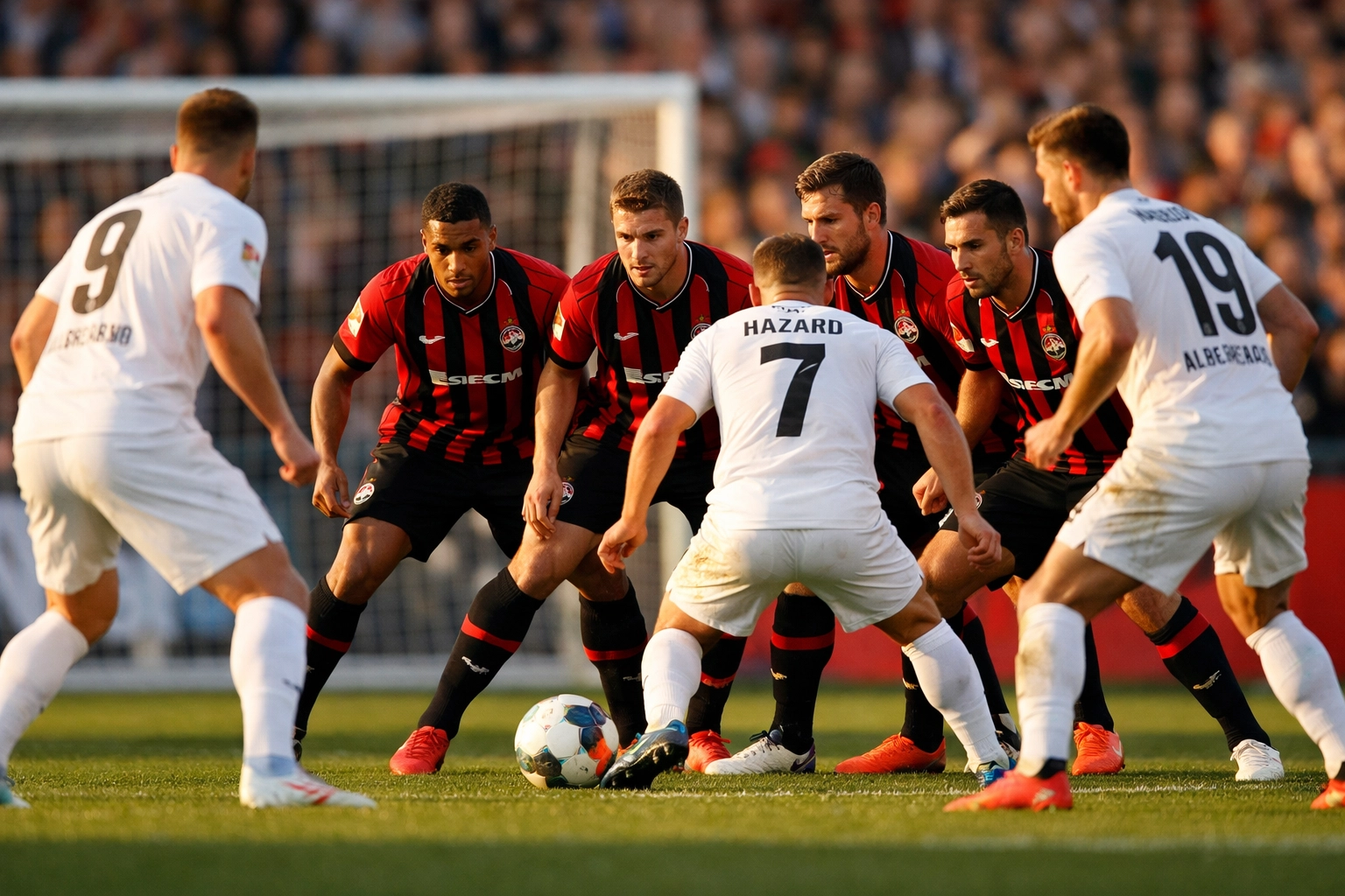Bundesliga-Defensivaktion mit kompakter Viererkette gegen drei Angreifer im Spielgeschehen