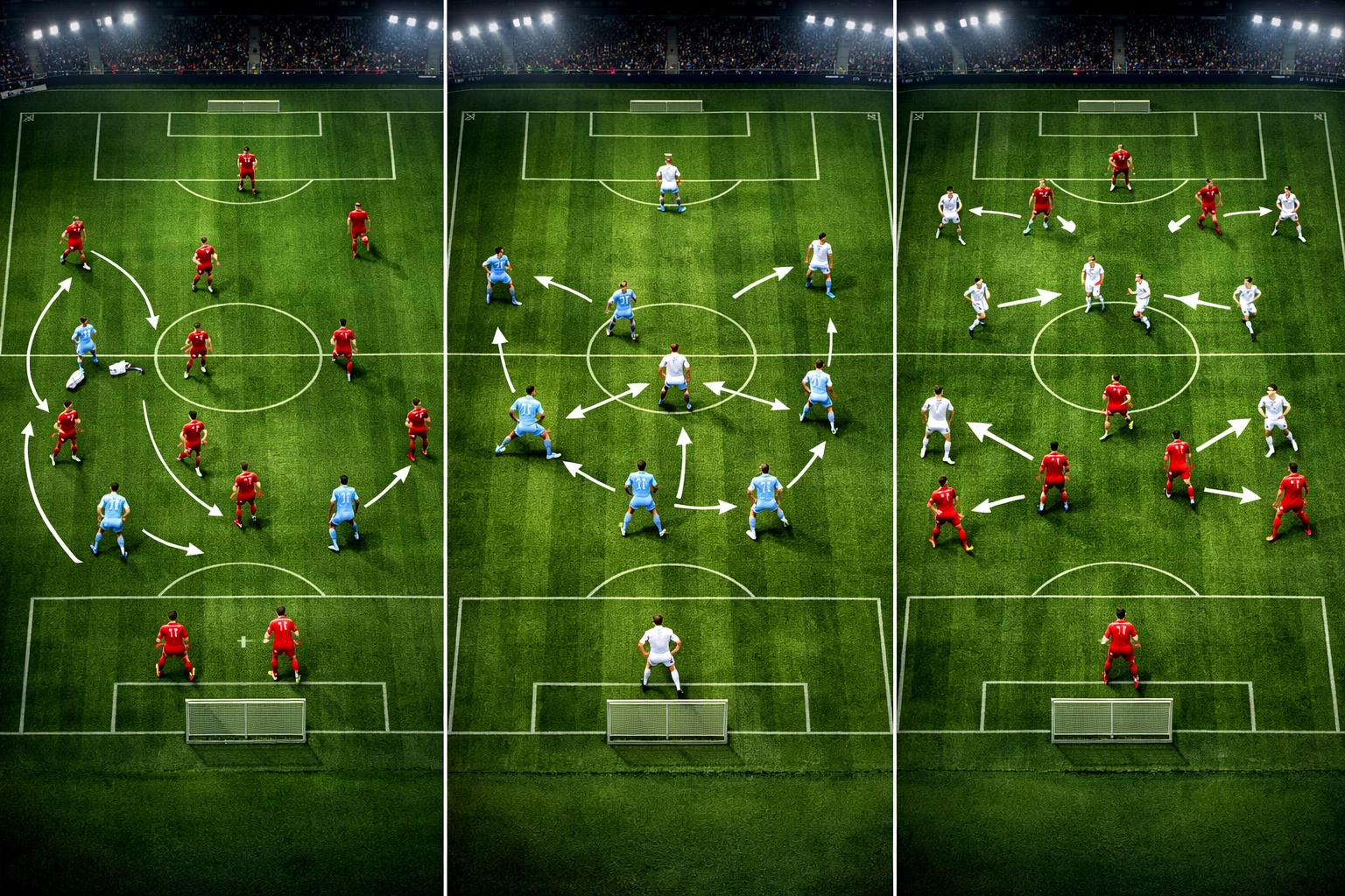 Vergleich verschiedener Pressing-Formationen: 4-2-3-1, 4-3-3 und 3-4-3 im Champions League Fußball