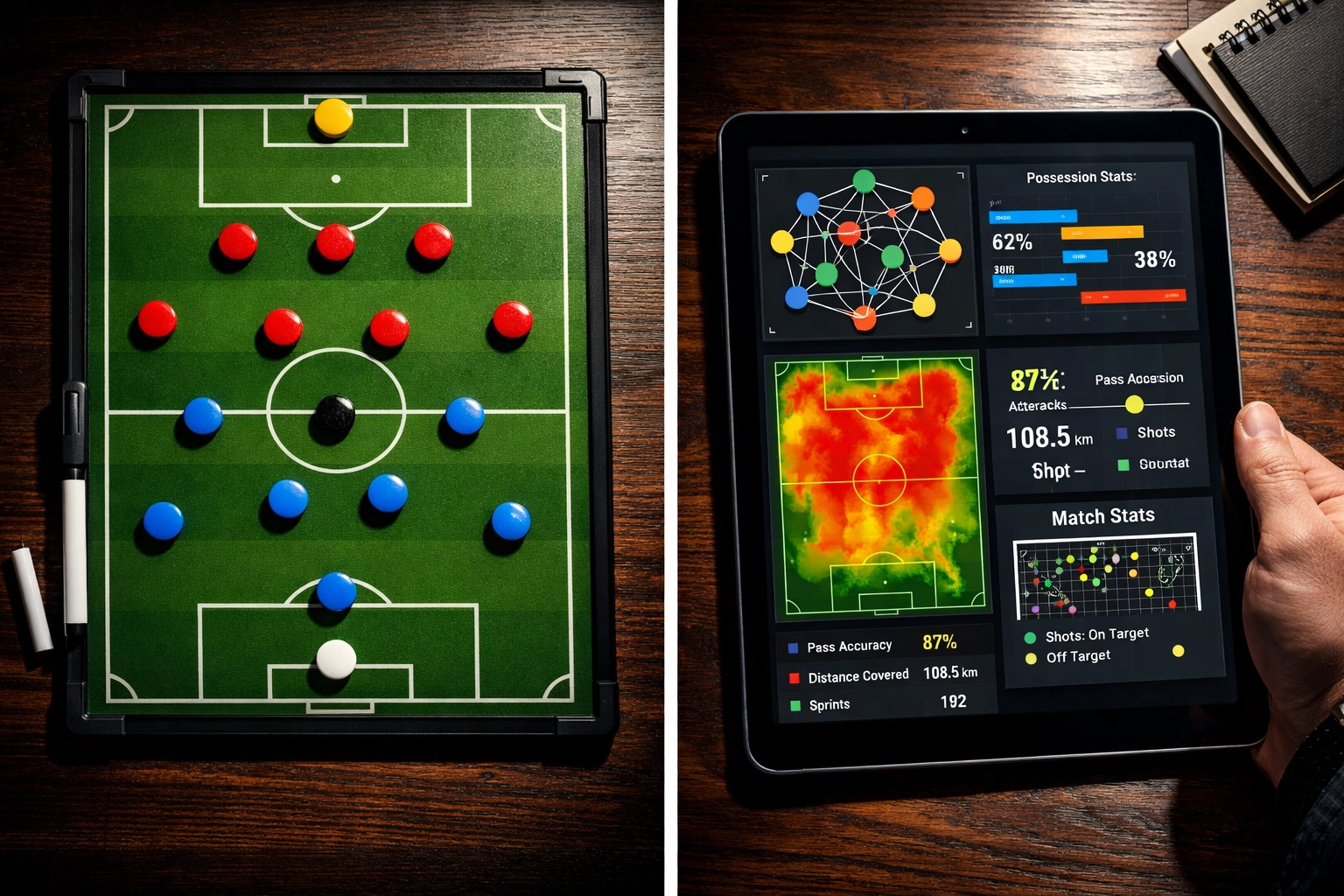 Fußball-Taktikboard mit 4-3-3 Formation und digitaler Datenanalyse