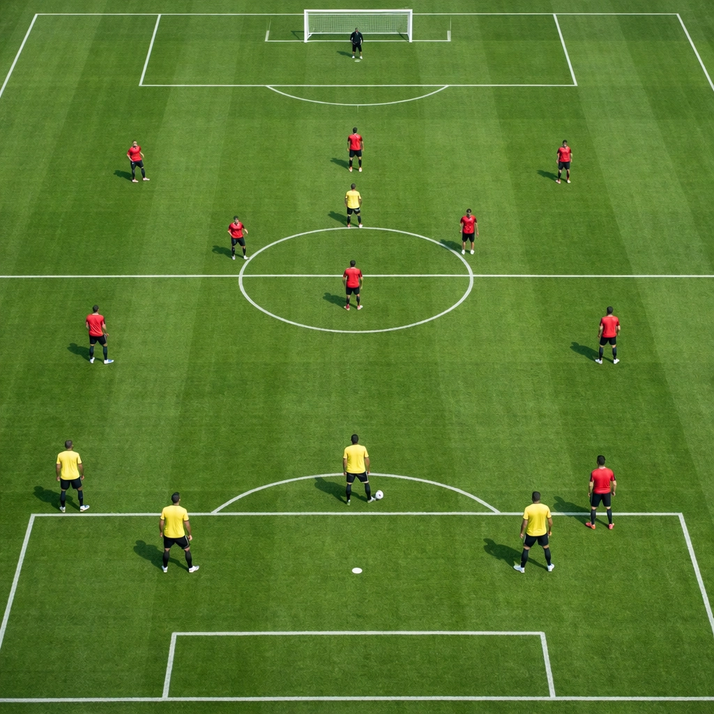 Hybride Taktikformation im Fußballtraining aus Vogelperspektive