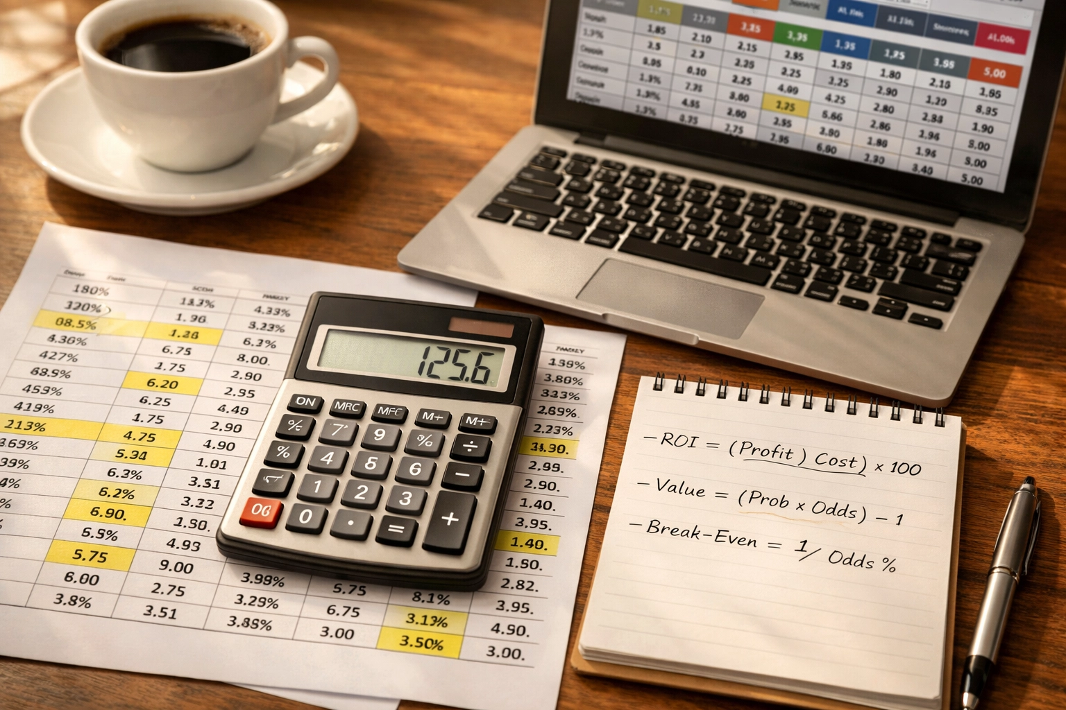 Arbeitsplatz eines Wettanalysten mit Taschenrechner und Buchmacher-Margen-Berechnungen