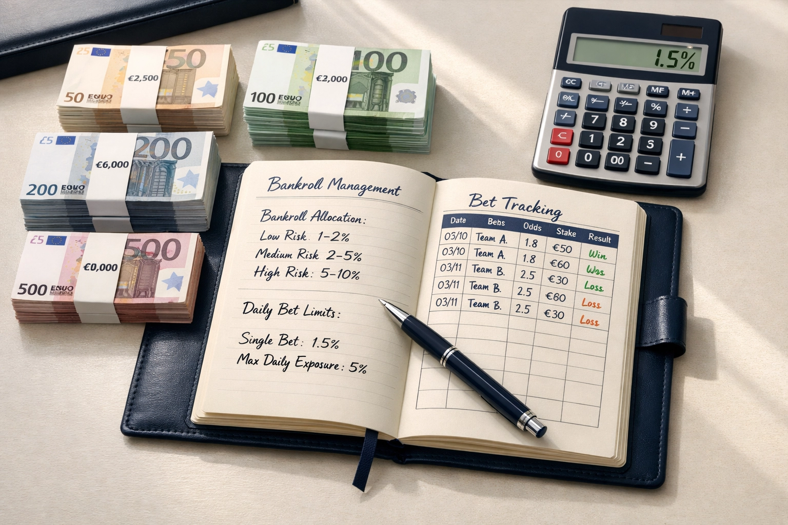 Bankroll Management Journal mit Prozentrechnung und Einsatzplanung für Wetten