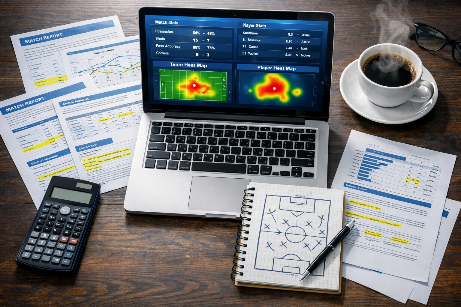 BTTS Strategie Analyse mit Fußballstatistiken und taktischen Formationen auf Schreibtisch