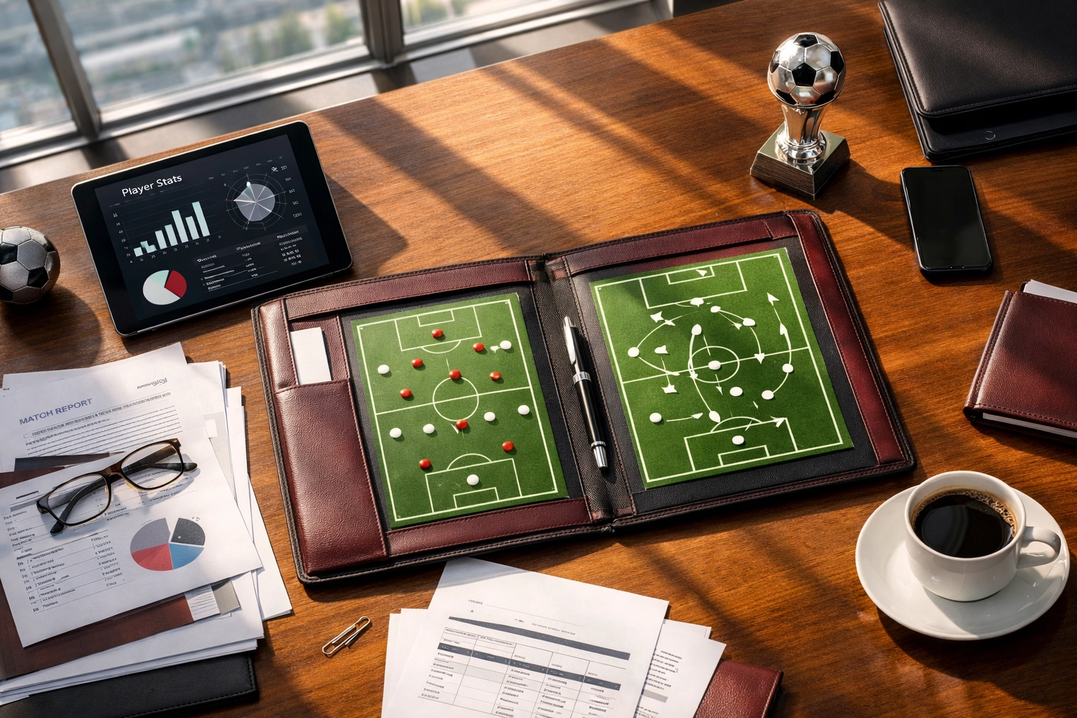 Strategische Transferplanung am Schreibtisch mit taktischen Diagrammen und Spielerstatistiken