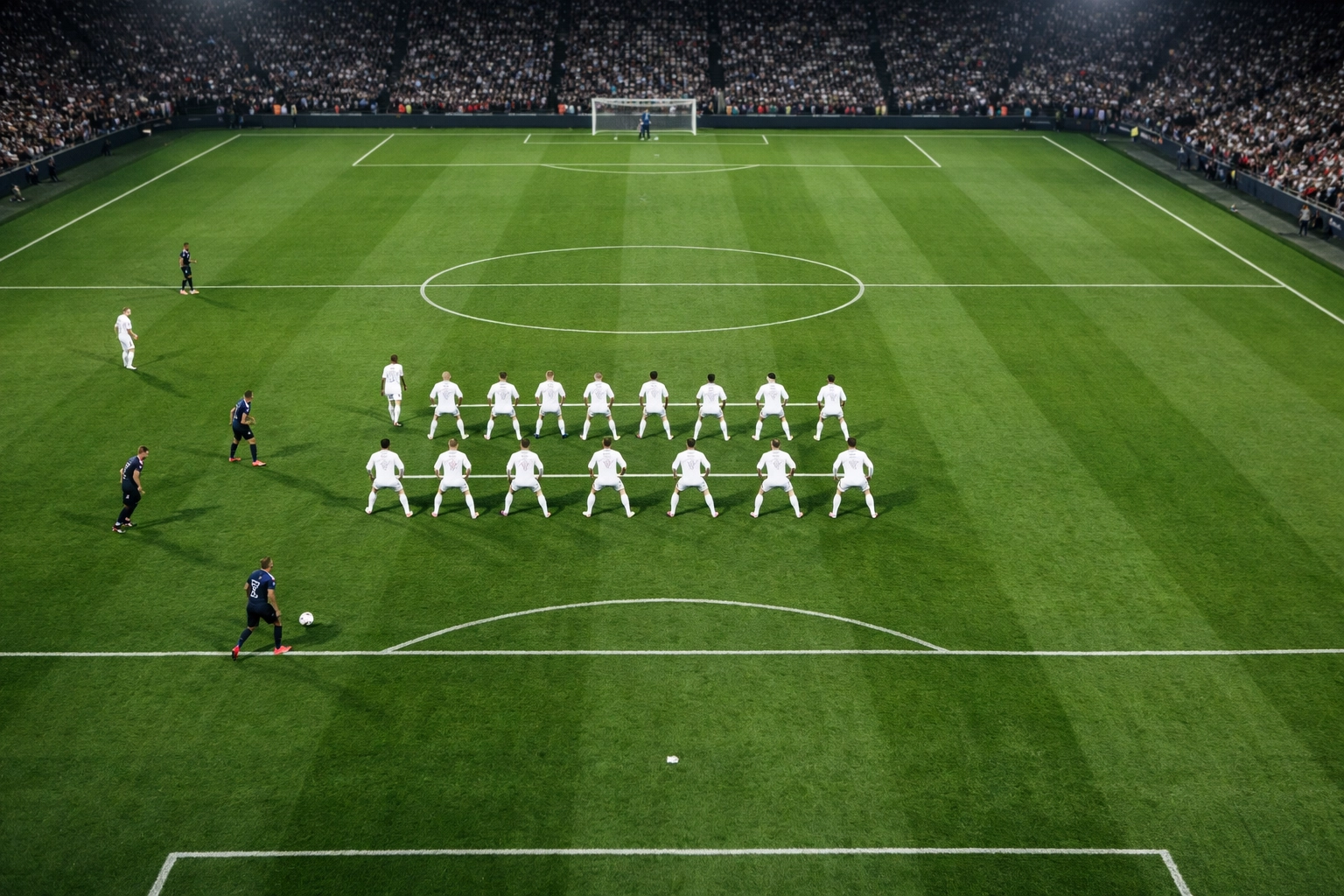 Taktische Vogelperspektive einer kompakten Defensive mit perfekter Raumdeckung im europäischen Spitzenfußball.