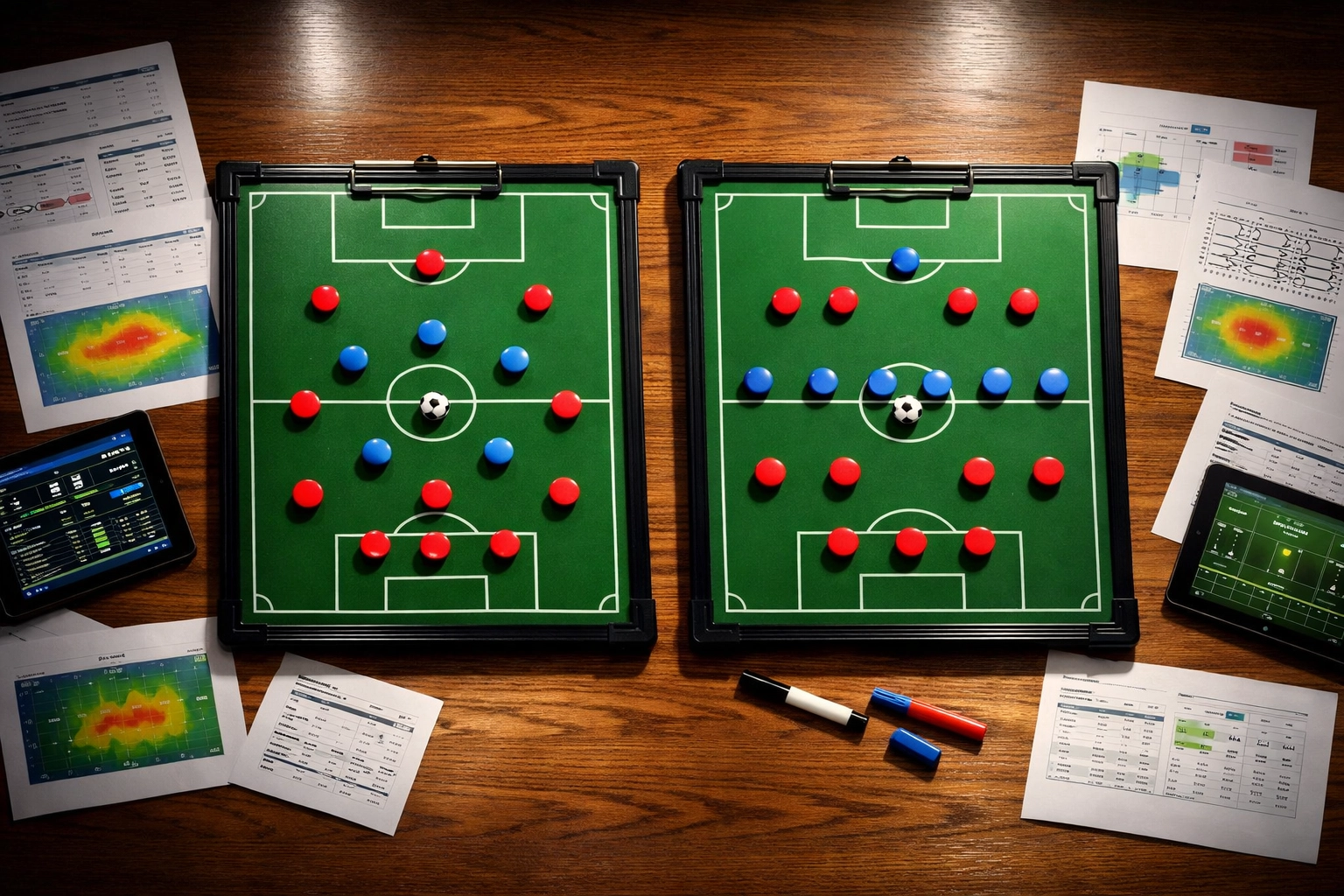 Taktikboards zeigen Fußball-Formationen und strategische Spielsystem-Analyse