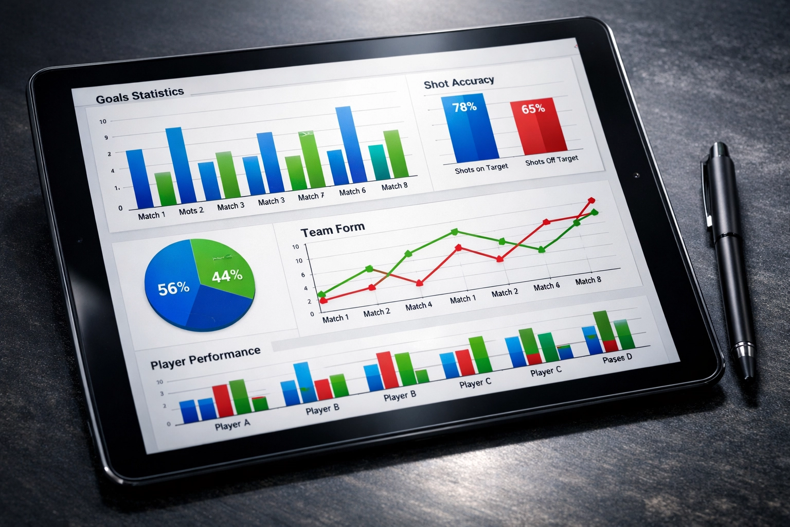 Tablet mit Fußball-Statistiken und Leistungsdaten für datenbasierte Wettanalyse
