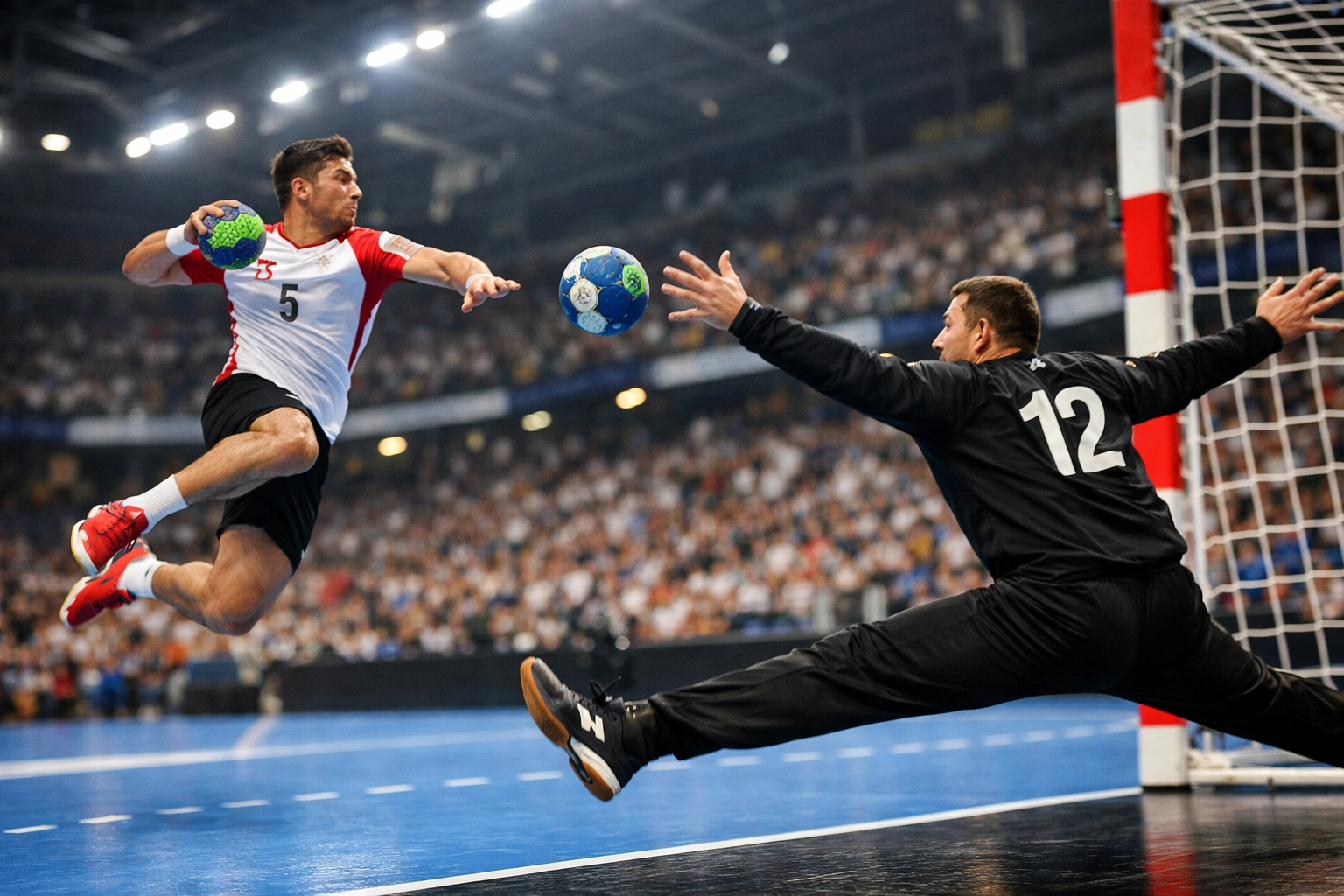 Handball-Bundesliga Spielszene mit Sprungwurf aufs Tor und Torhüter-Parade