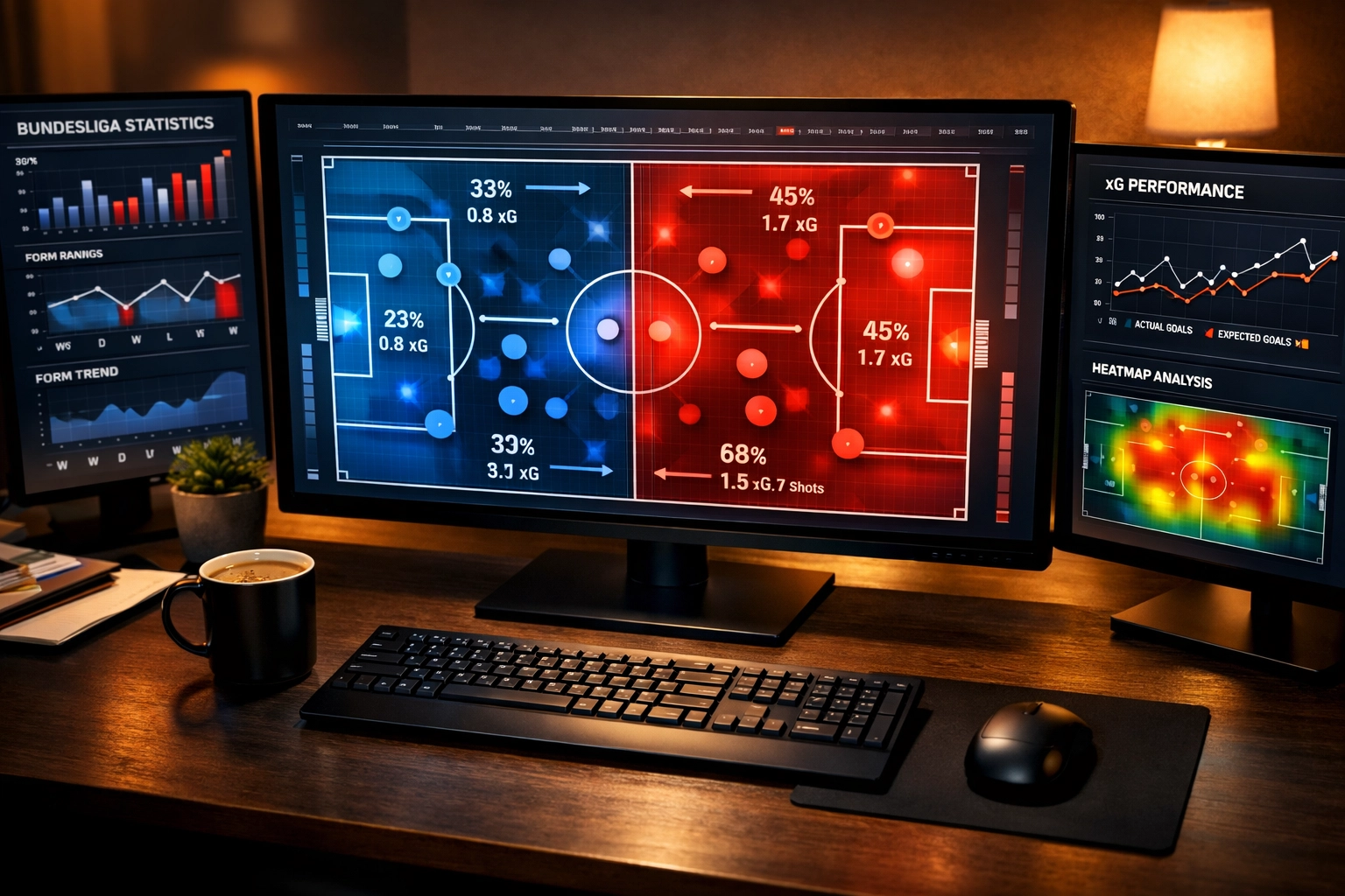 Bundesliga Statistik-Analyse Workspace mit xG-Charts und Heatmaps auf mehreren Monitoren