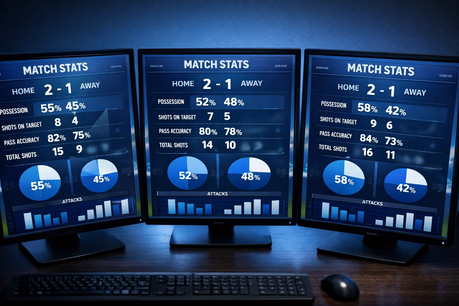 Drei Bildschirme zeigen unterschiedliche Fußball Statistiken derselben Sportwetten Analyse