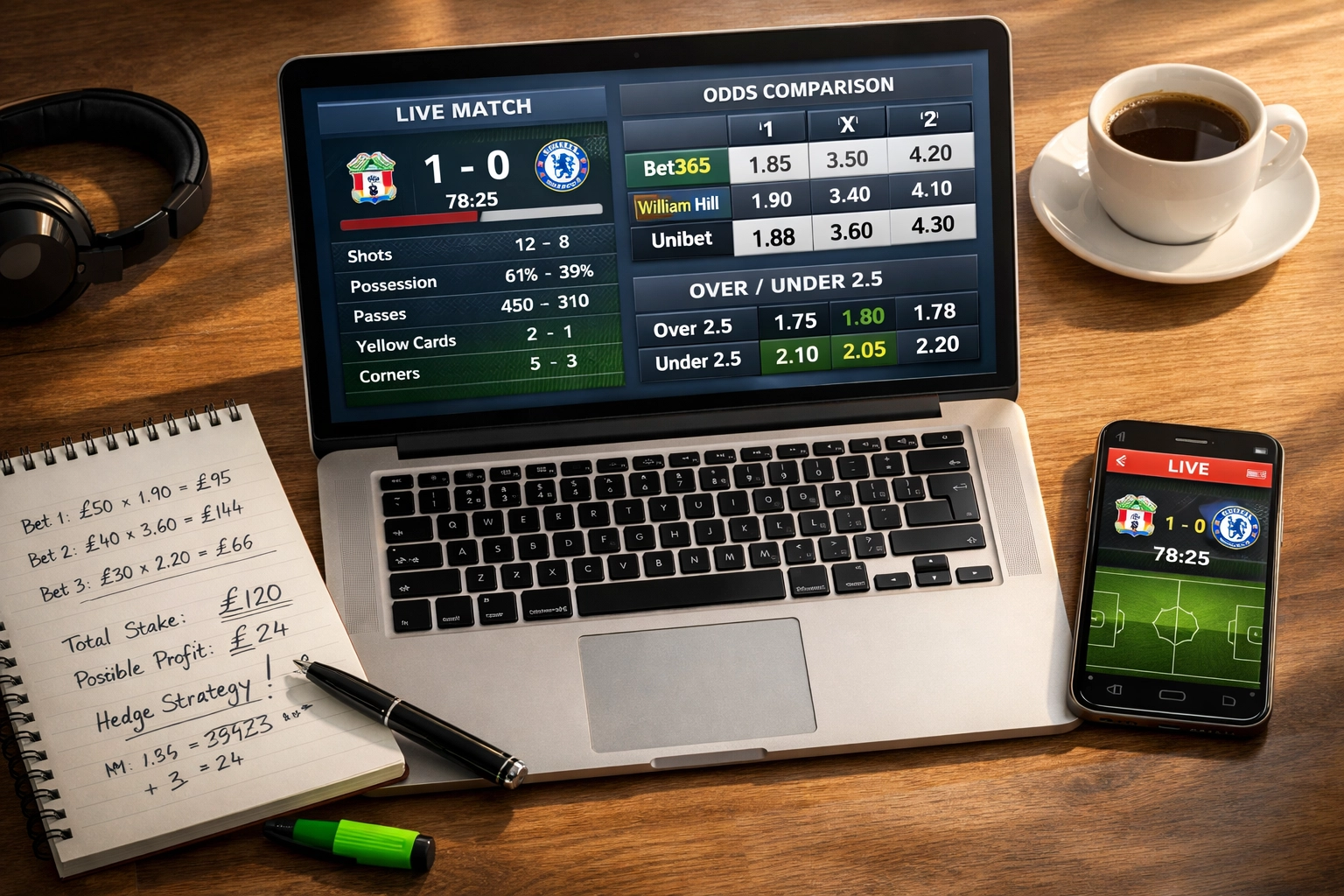 Fußball Wettanalyse Arbeitsplatz mit Statistiken, Quoten und Berechnungen für erfolgreiche Wetten