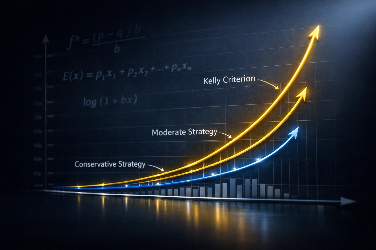 Wachstumskurven verschiedener Wettstrategien im Vergleich zum Kelly-Kriterium