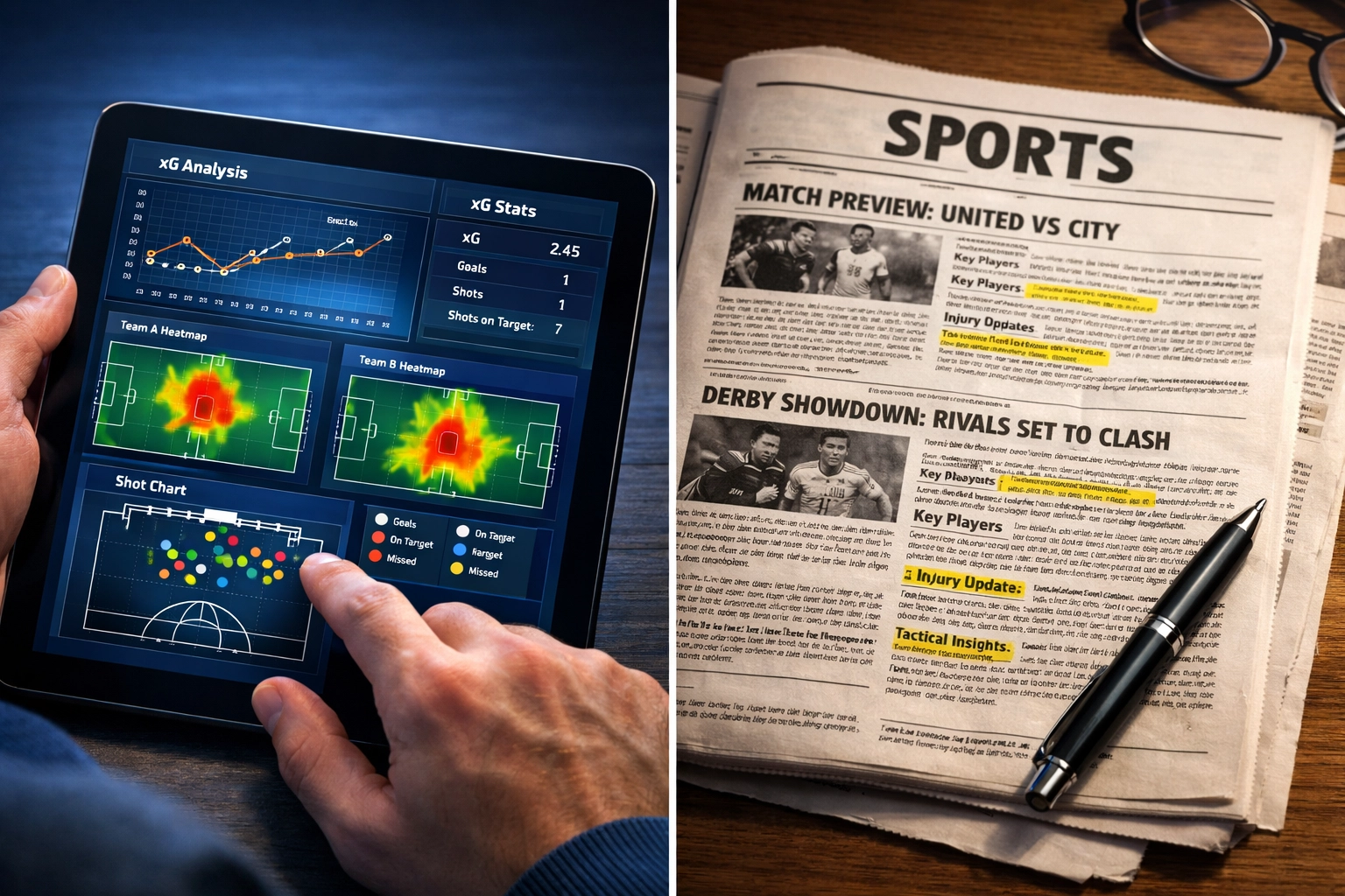 Vergleich digitale Statistik-Analyse auf Tablet und klassische Sportwetten-Recherche in Zeitung