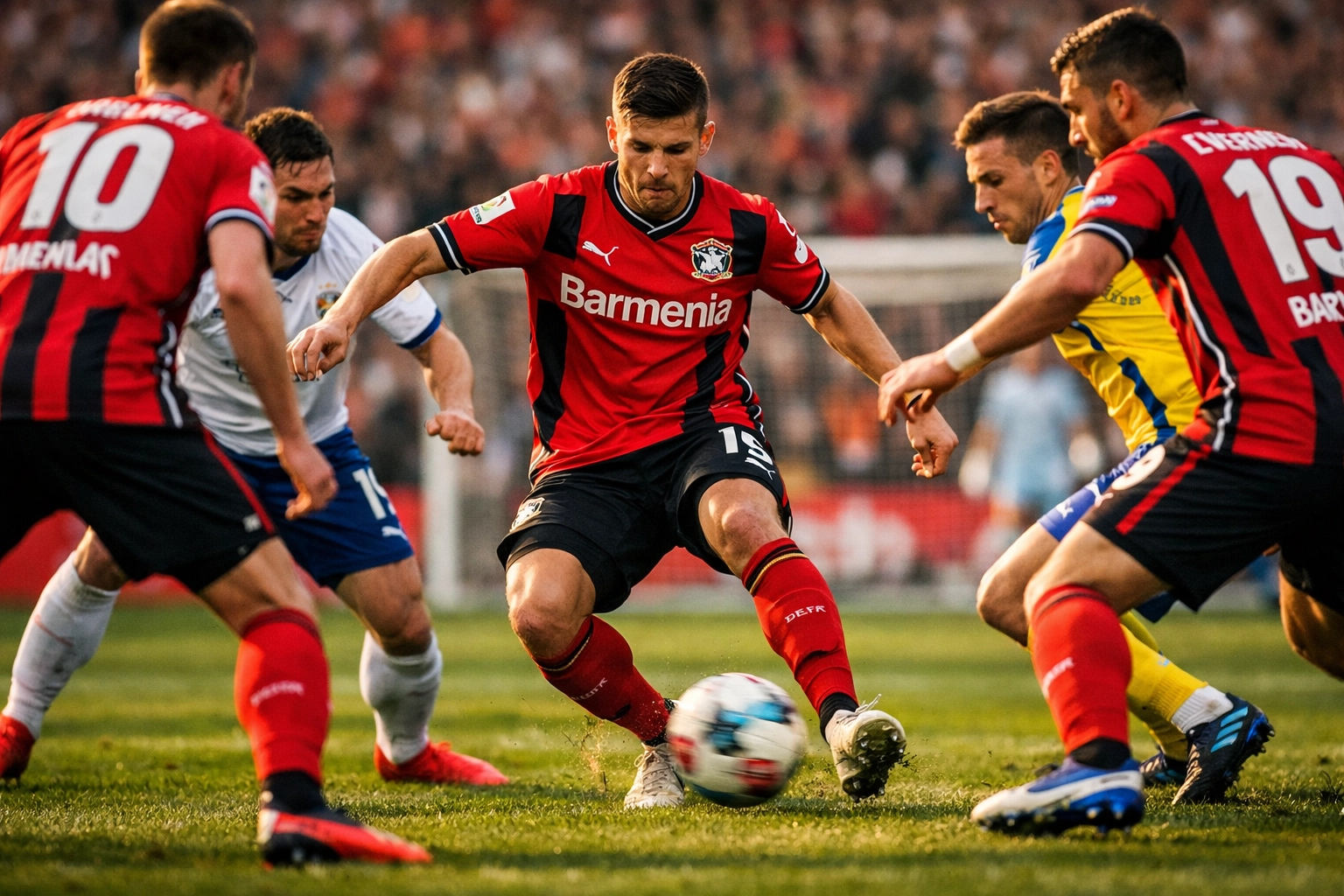 Bayer Leverkusen Spieler führen präzise Kurzpässe durch das Zentrum unter Gegnerdruck aus
