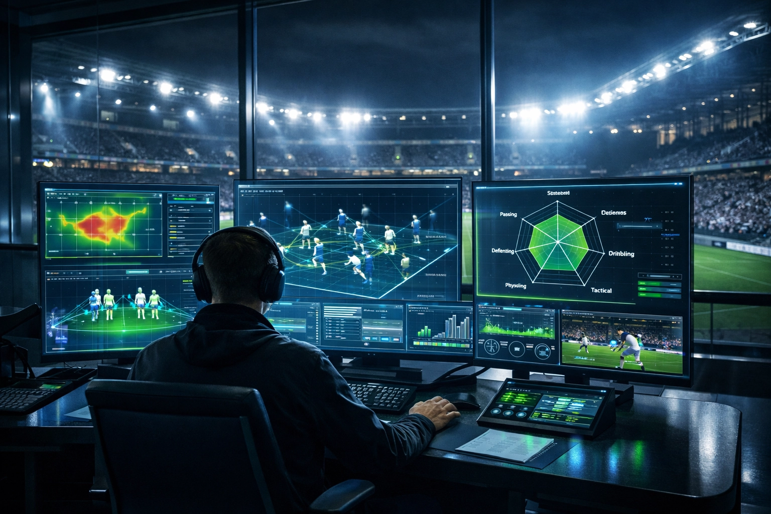 Hochmodernes Scouting-Büro mit Datenanalysen zur psychologischen Spielerbewertung bei RB Leipzig.