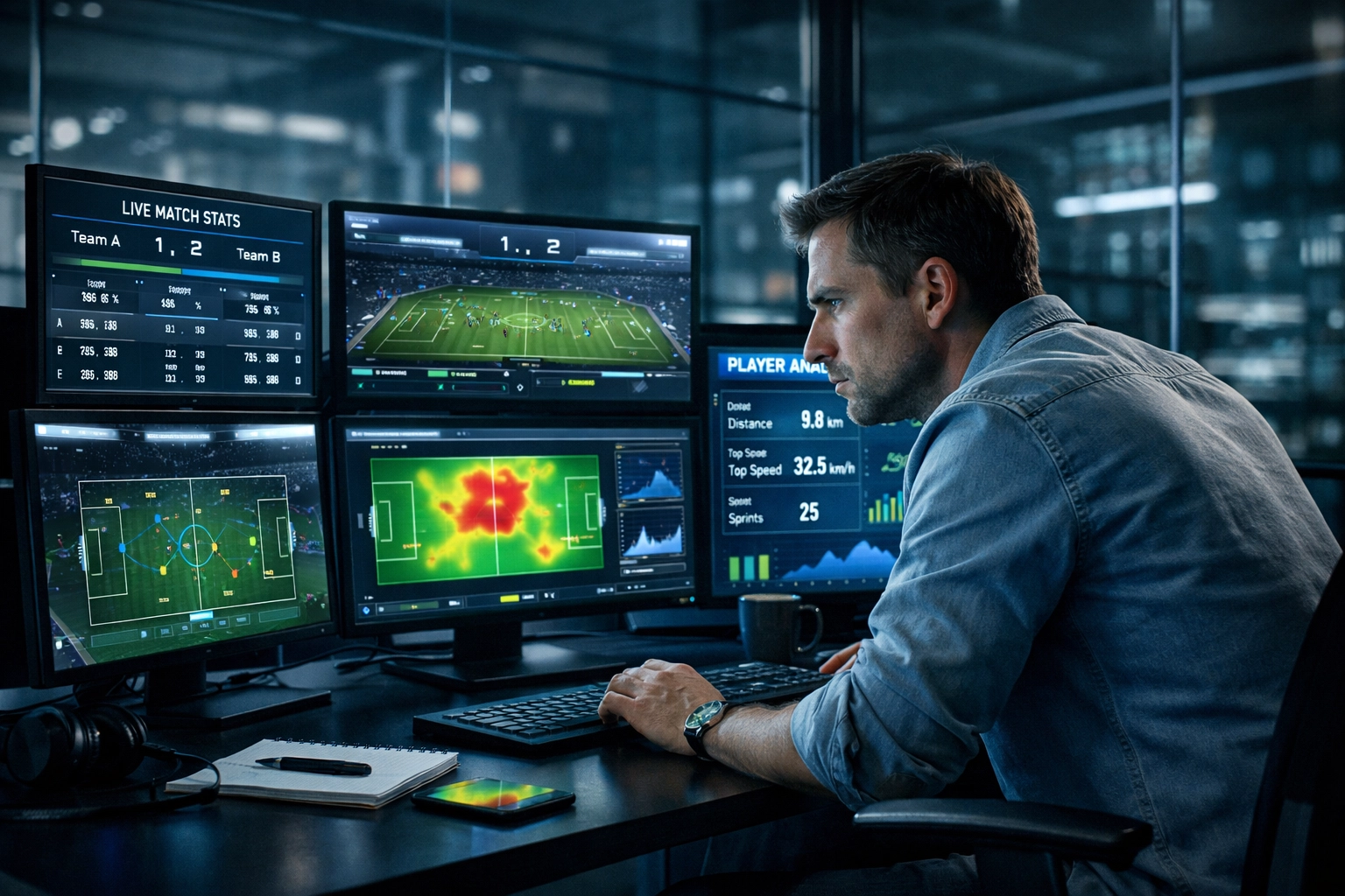 Sportwetten Analyst arbeitet mit mehreren Monitoren für datenbasierte Formanalyse