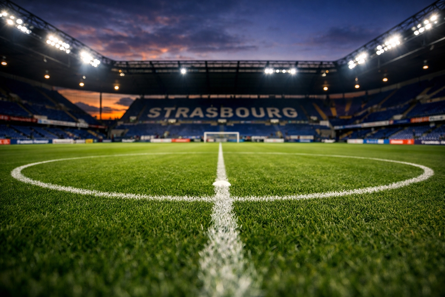 Stade de la Meinau Strasbourg bei Flutlicht vor Ligue 1 Spiel gegen Lyon