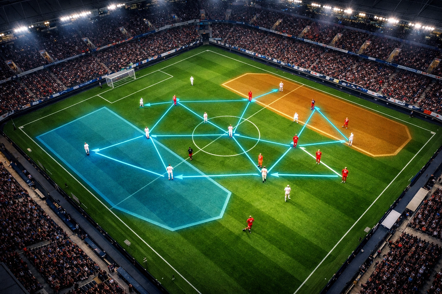 Taktische Analyse der fluiden Formation von RB Leipzig mit grafischen Raummarkierungen auf dem Spielfeld.