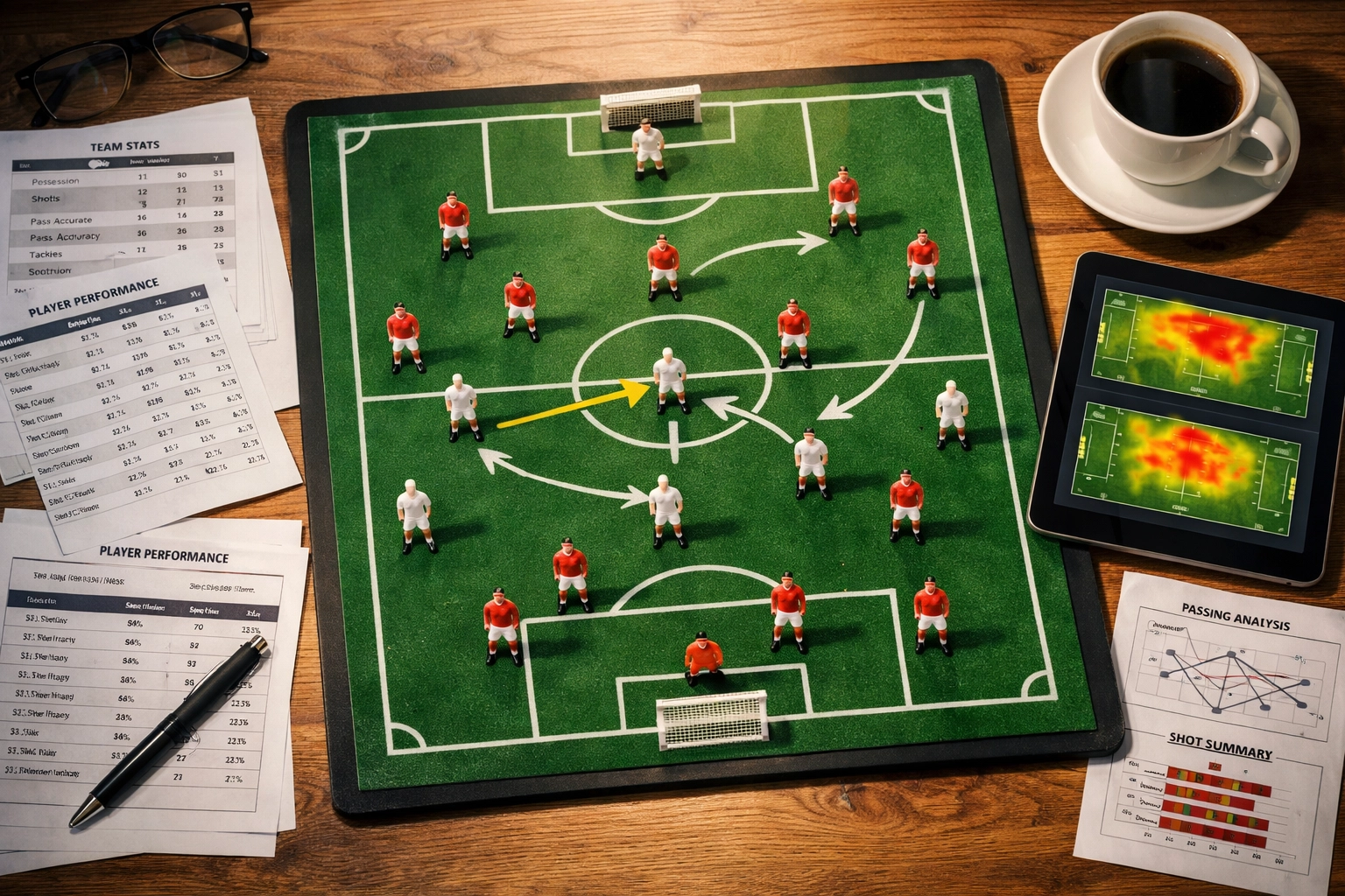 Taktikanalyse Eintracht Frankfurt mit Spielfiguren und Bewegungspfeilen auf Spielfeld