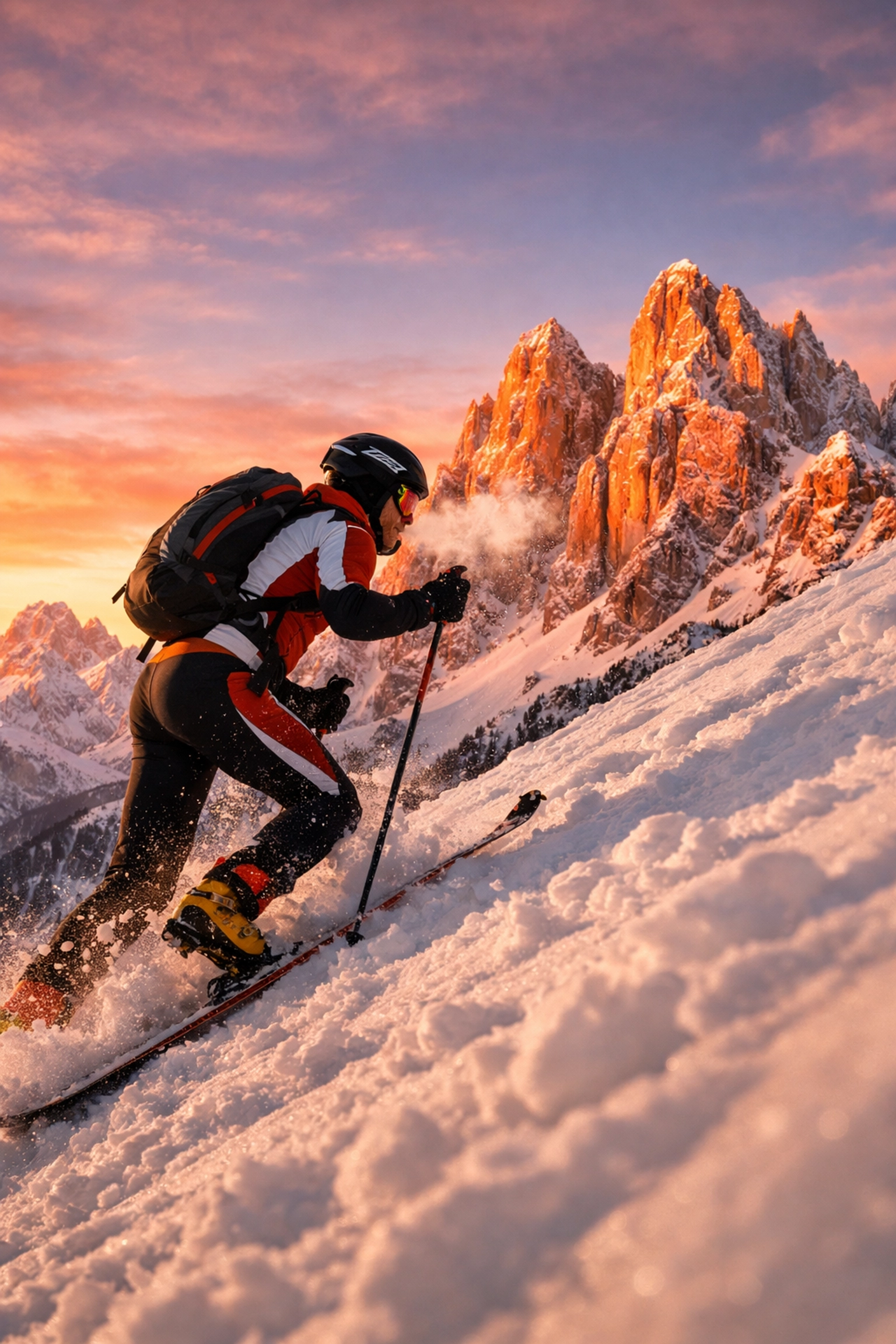 Ski mountaineer racing uphill in Italian Dolomites during 2026 Winter Olympics debut event