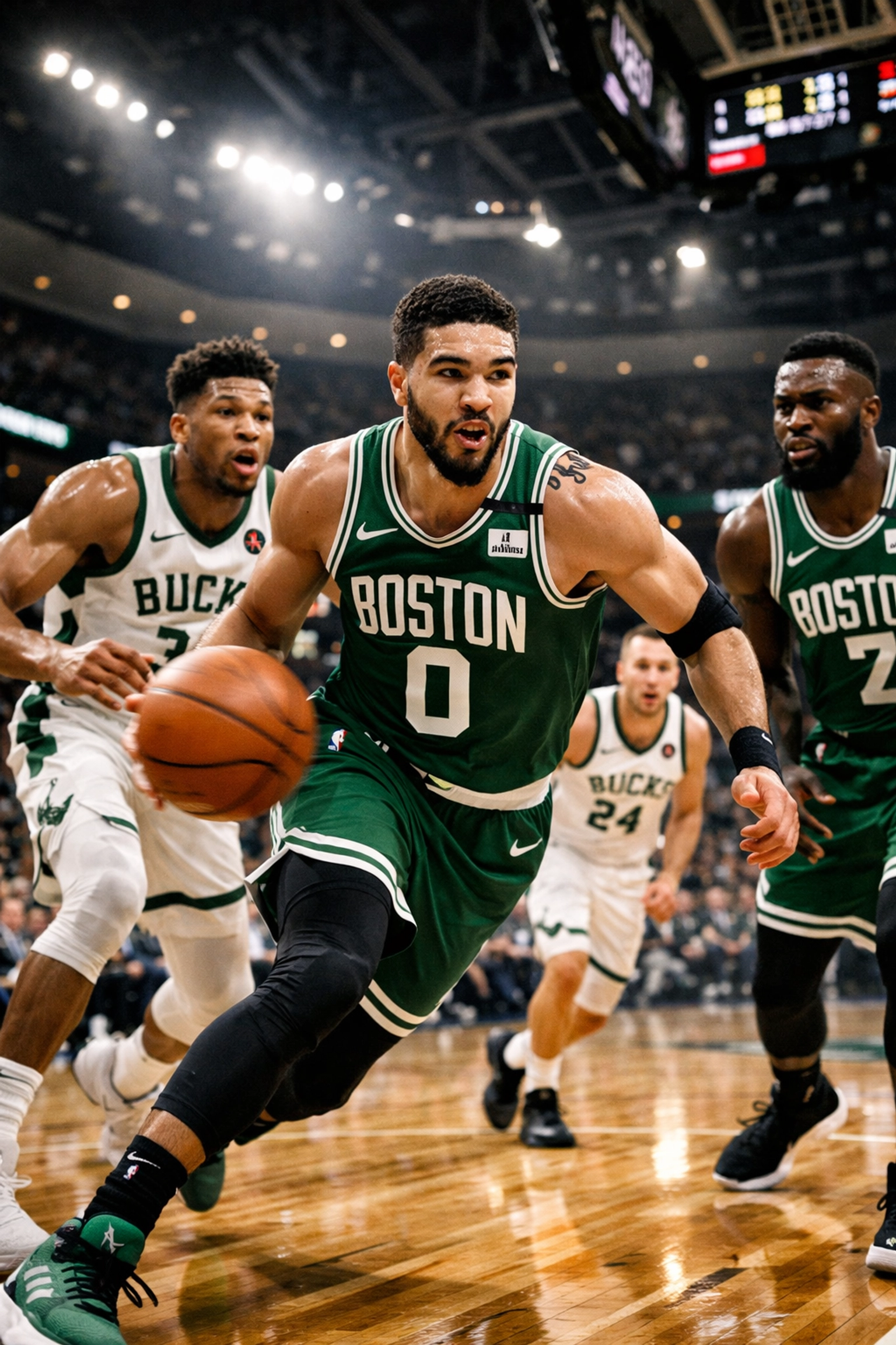 Boston Celtics vs Milwaukee Bucks NBA game action with players competing for the ball