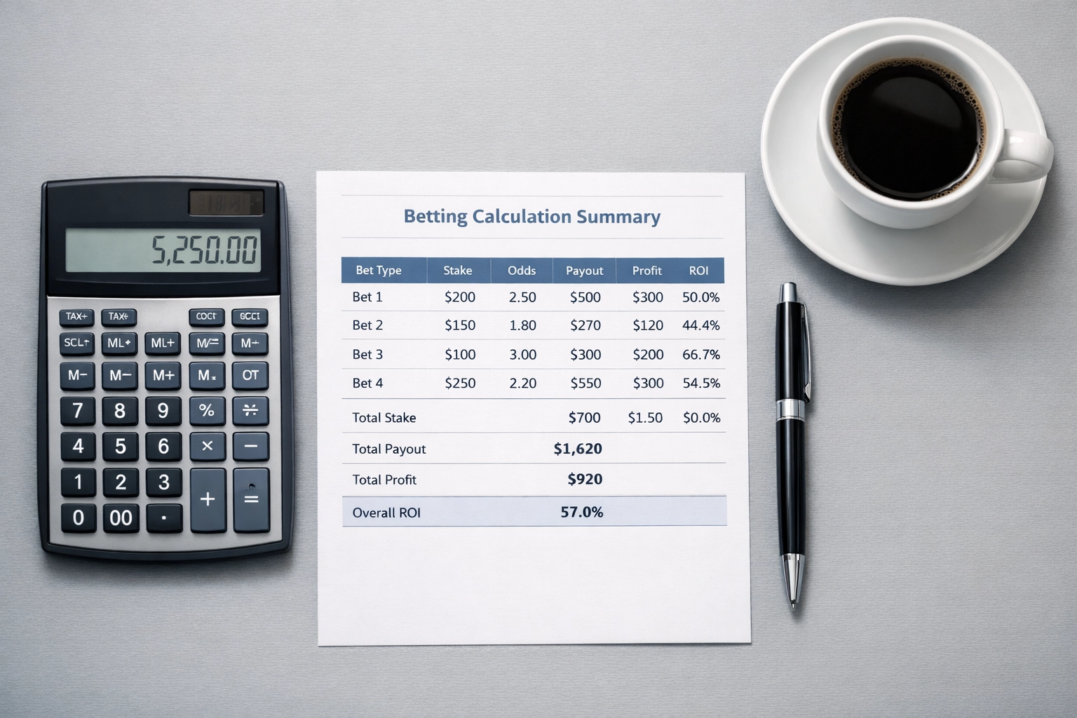 Taschenrechner und Tabelle zur Berechnung von Wetteinsätzen und Bankroll-Management