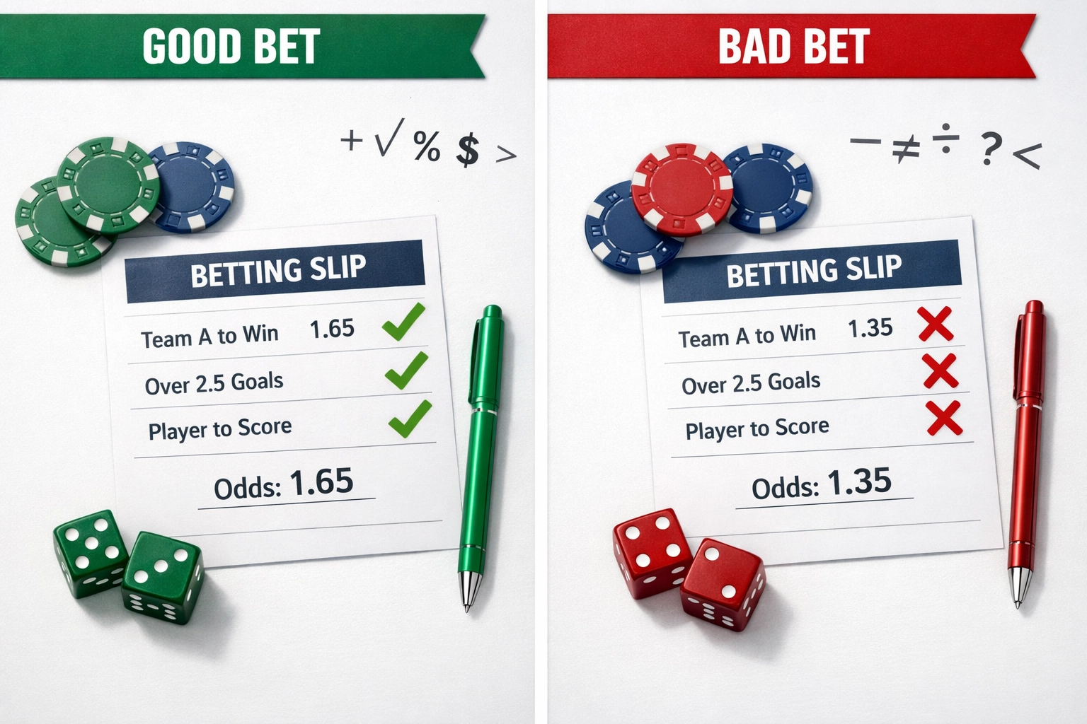 Vergleich von Value Bet und Nicht-Value-Bet mit Quoten 1.65 und 1.35