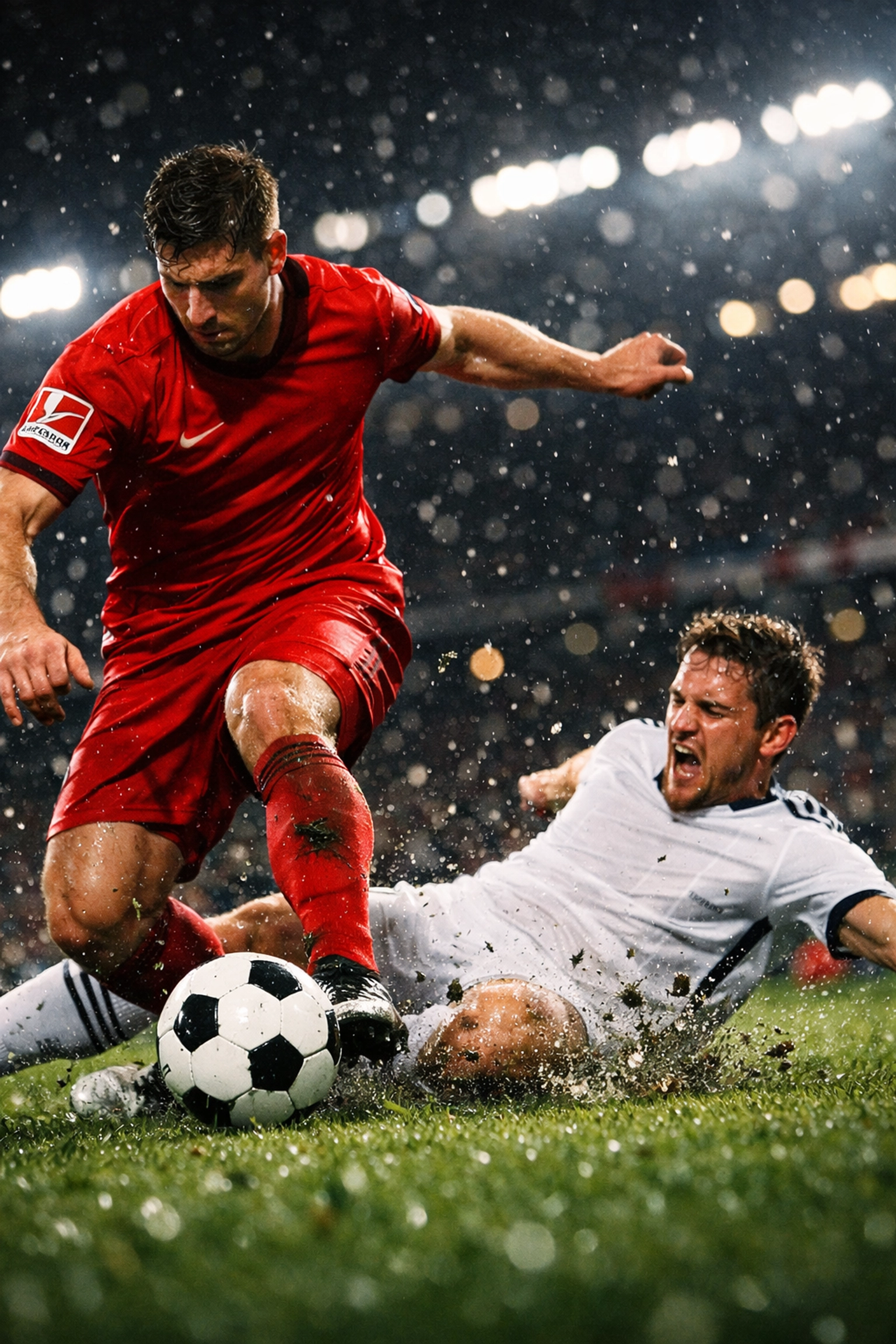 Dynamische Zweikampfszene in der Bundesliga zur Veranschaulichung von Physis und technischer Ballbeherrschung.