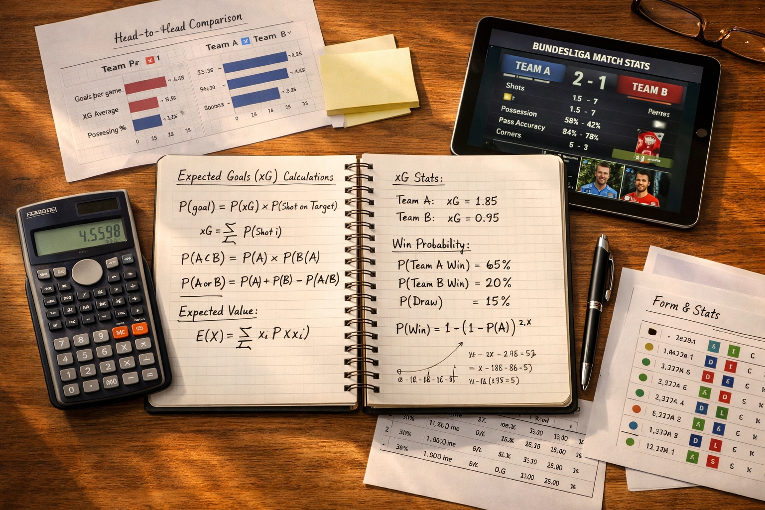 Arbeitsplatz eines Wett-Analysten mit xG-Daten, Bundesliga-Statistiken und Wahrscheinlichkeitsberechnungen
