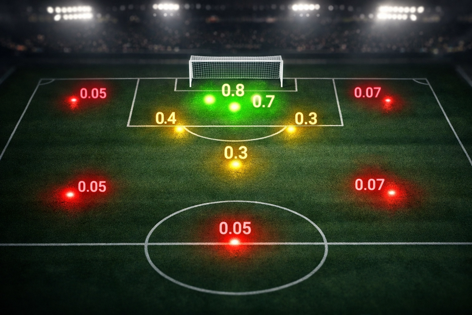 Fußballplatz-Diagramm mit xG-Datenpunkten zeigt Torchancen-Qualität nach Schussposition