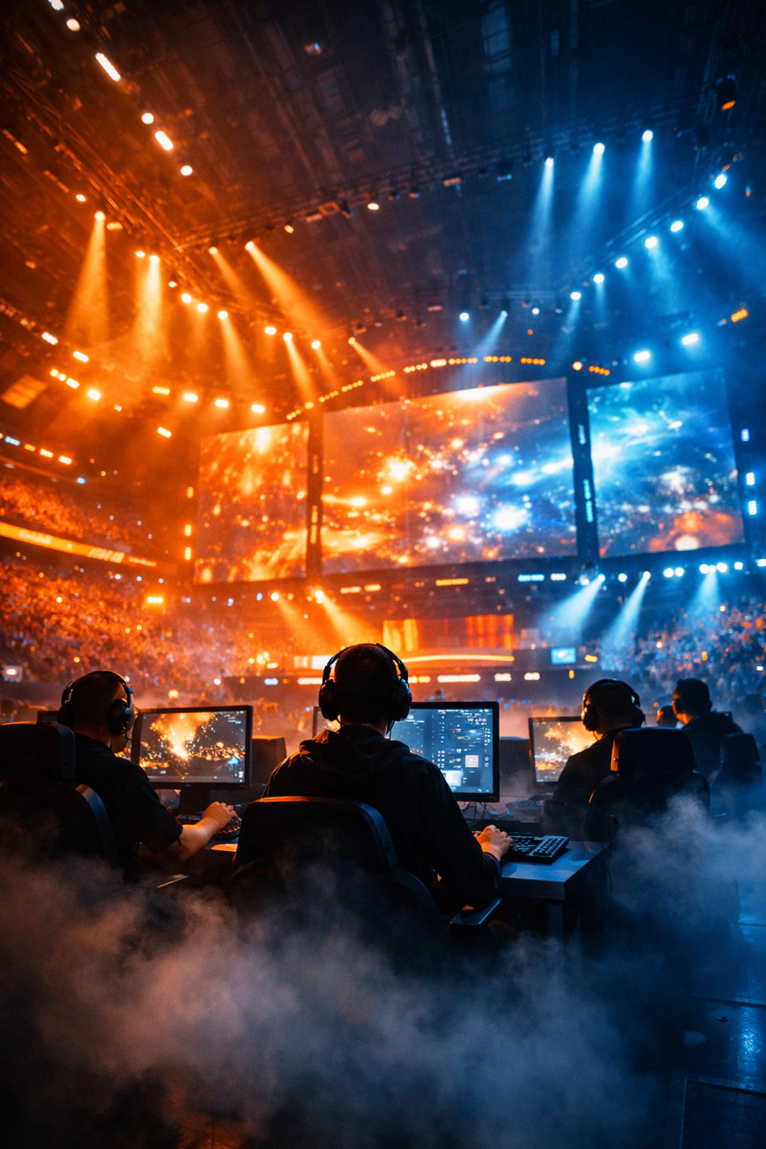 Spannung beim E-Sports Finale in einer großen Arena mit Fokus auf Team-Performance.