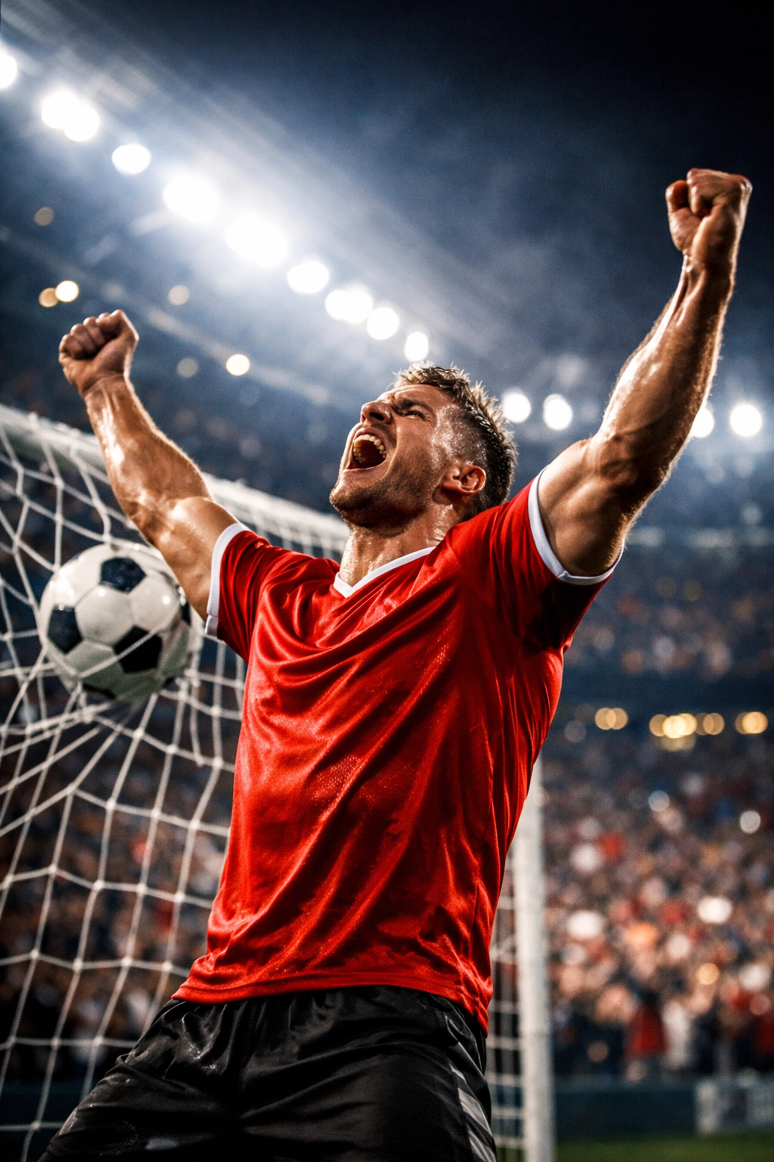 Stürmer in rotem Trikot feiert Tor im Stadion - Bayerns Angriffsplanung für 2026