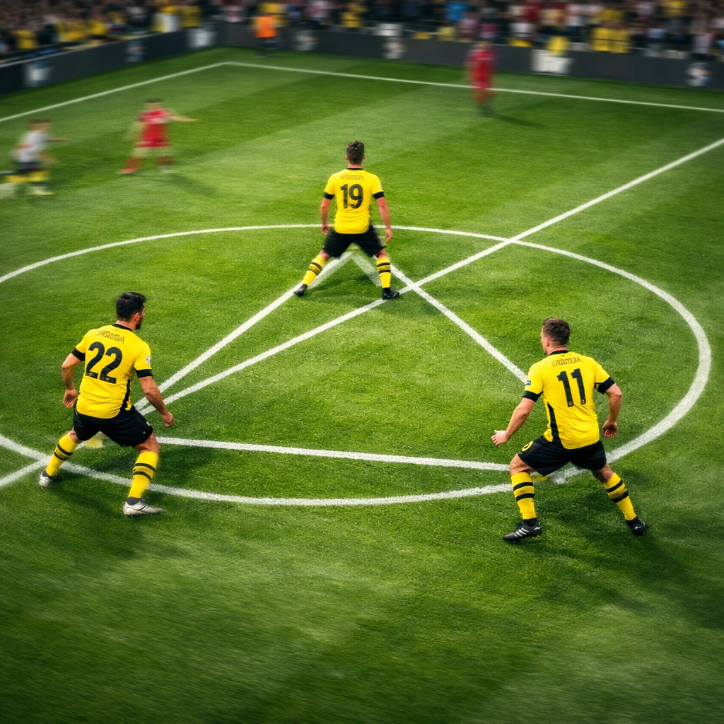 BVB Mittelfeld-Rotation mit drei Spielern in taktischer Dreiecksformation auf dem Bundesliga-Spielfeld