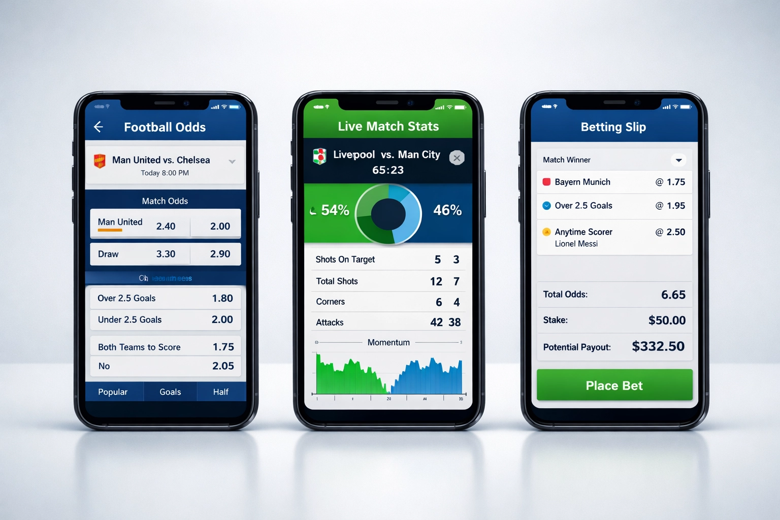 Vergleich von drei Sportwetten-Apps mit Quoten, Statistiken und Wettschein