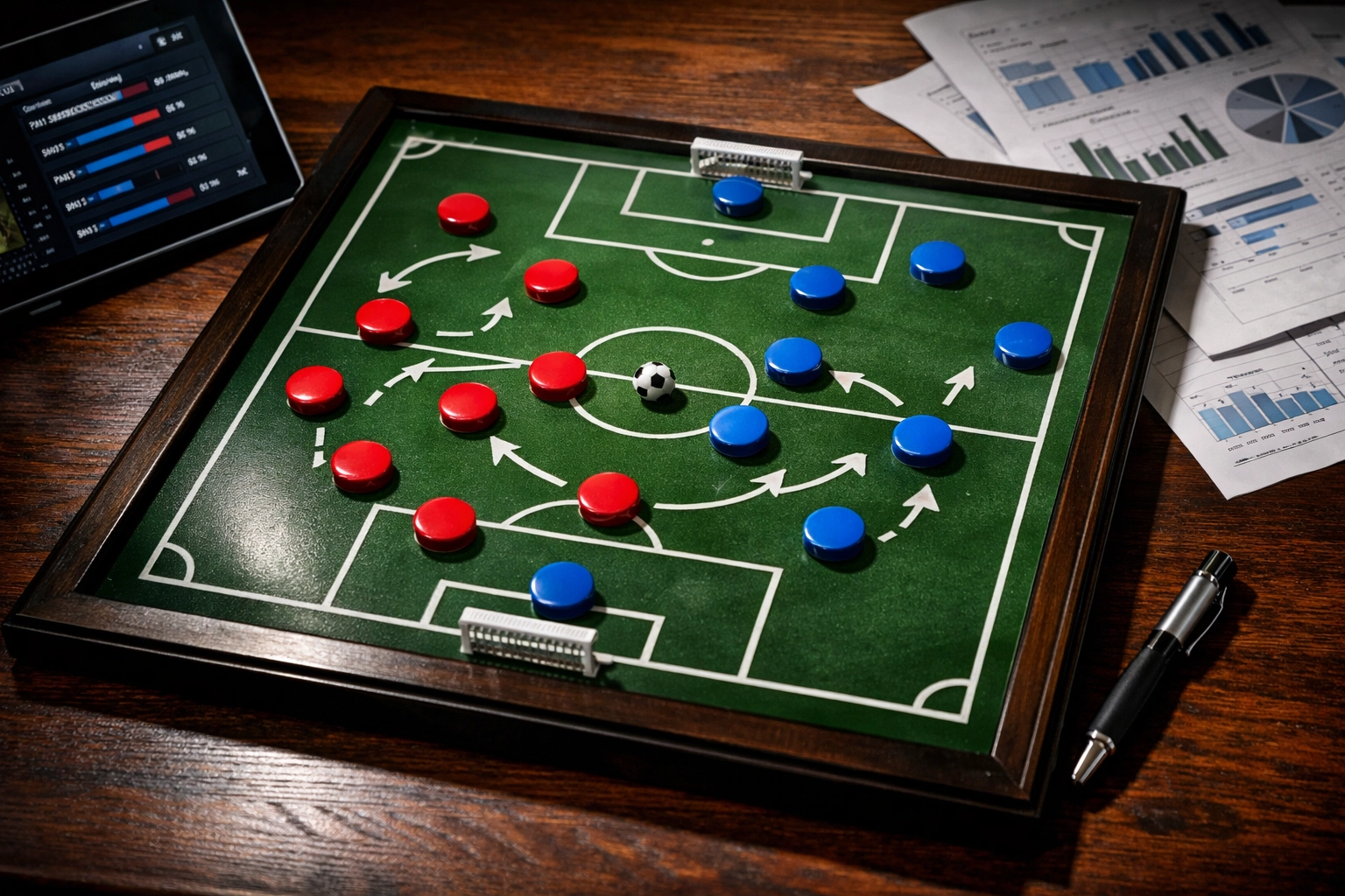 Taktikboard mit Spieleraufstellung und statistischen Analysedaten für Sportwetten