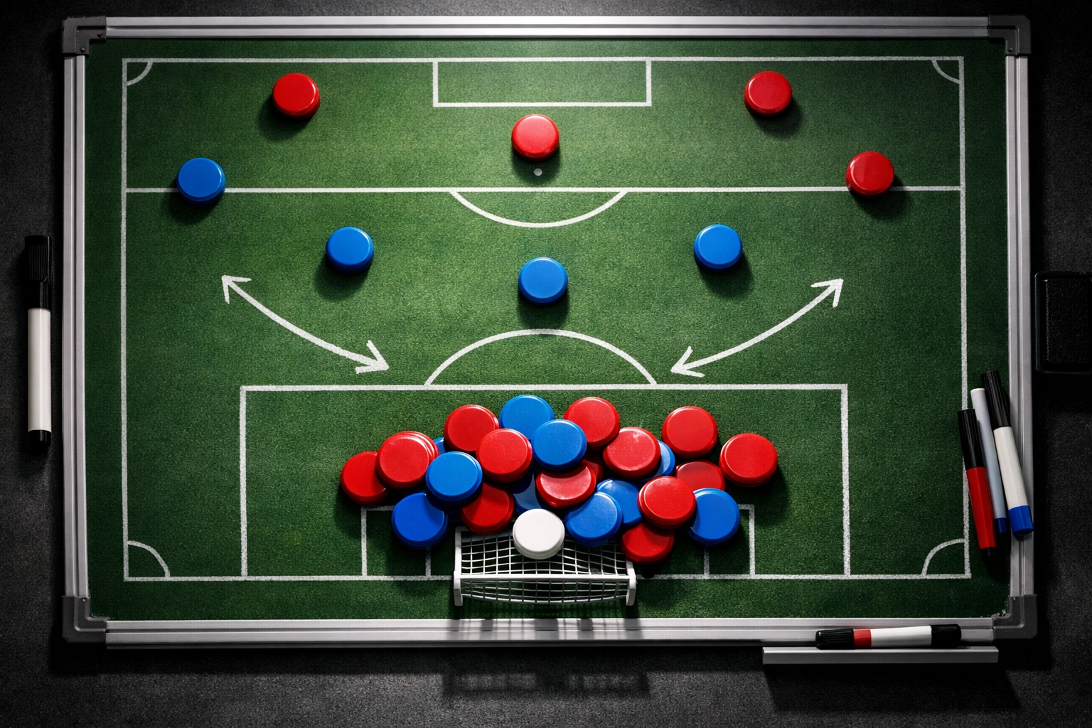 Taktiktafel zeigt überfüllte Defensive im Bundesliga-Kader mit zu vielen Spielern