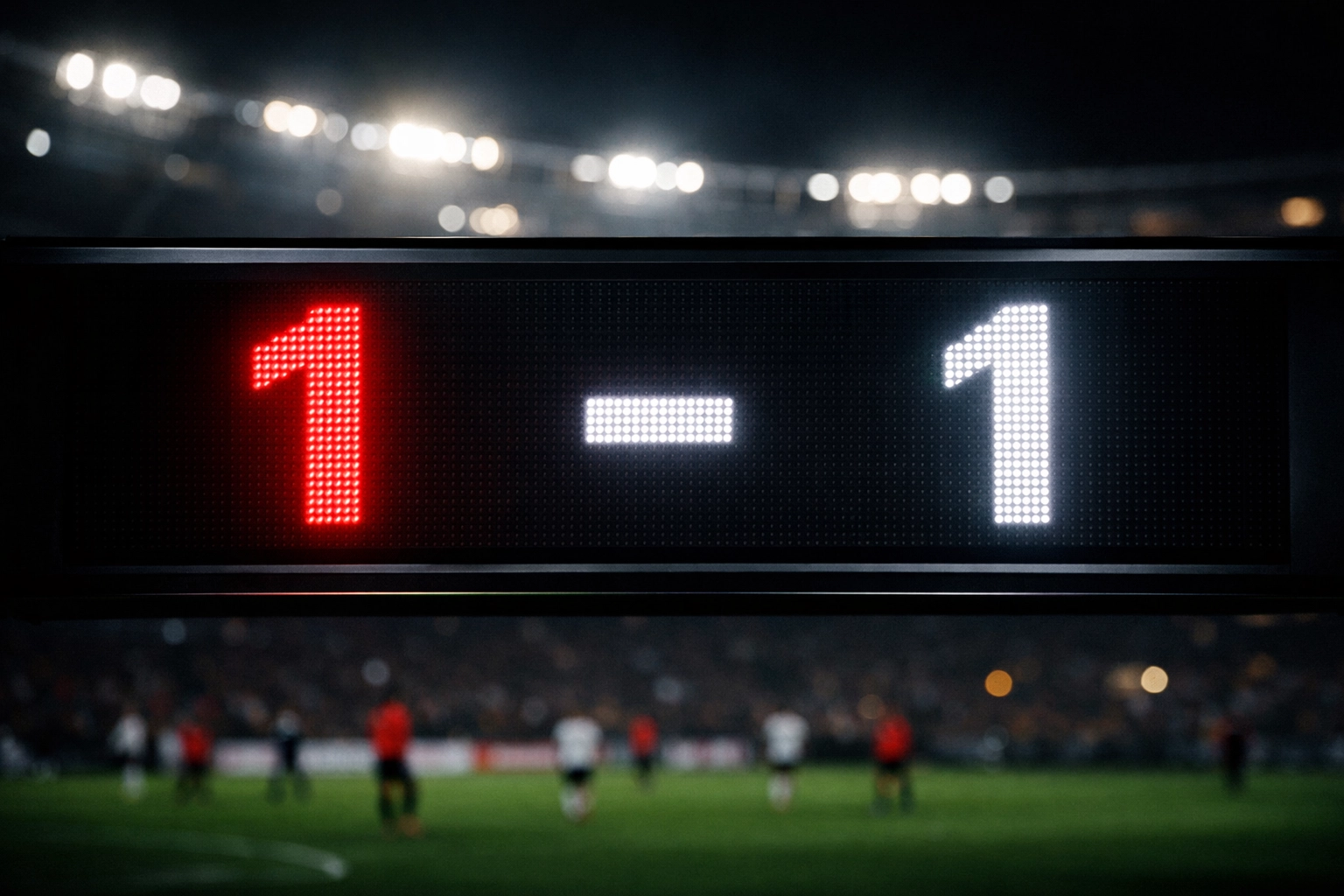 Anzeigetafel zeigt 1-1 Spielstand im Stadion, die kritische Falle für Over 2.5 Wetten